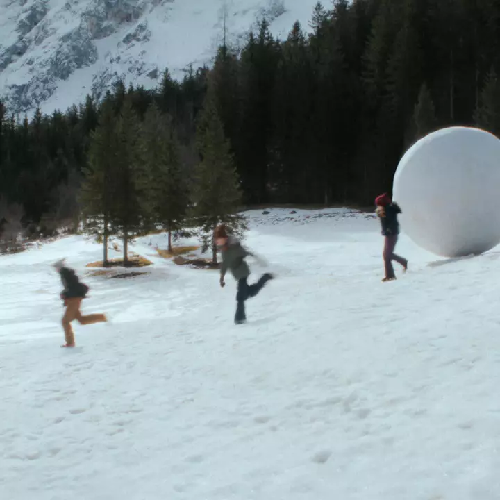 People running across snow towards a large white sphere, with evergreen trees and snow-covered mountains behind them.