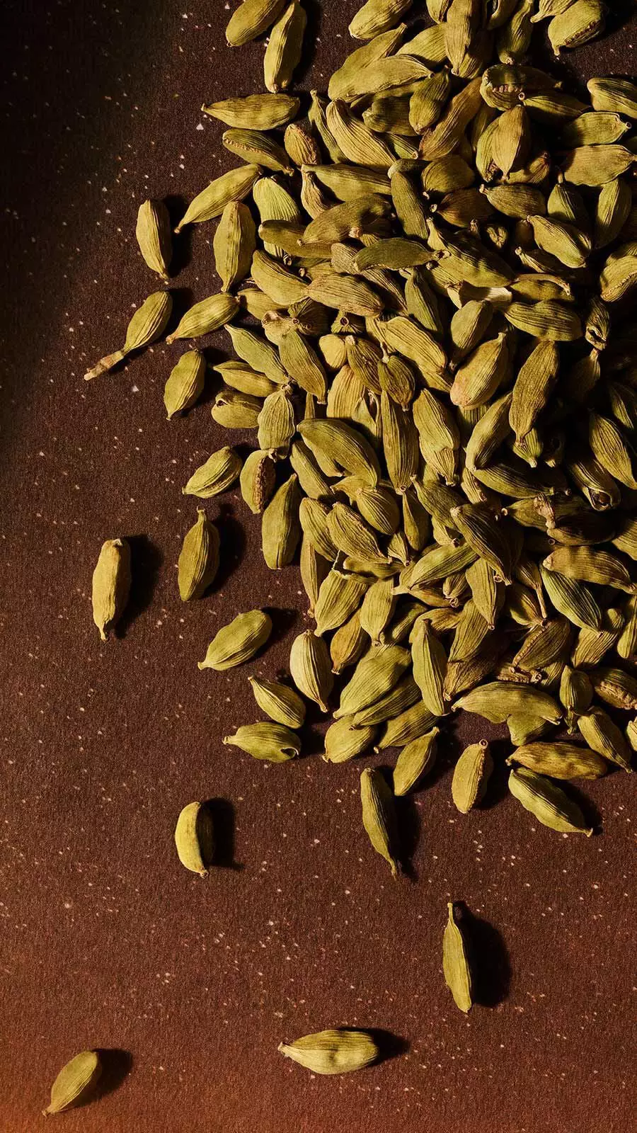 Green cardamom pods scattered across a dark terracotta-brown surface.