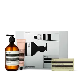 An amber pump bottle, pink tube and boxed soap arranged before a silver Aesop Trusted Companions box against white.