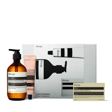 An amber pump bottle, pink tube and boxed soap arranged before a silver Aesop Trusted Companions box against white.