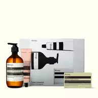 An amber pump bottle, pink tube and boxed soap arranged before a silver Aesop Trusted Companions box against white.