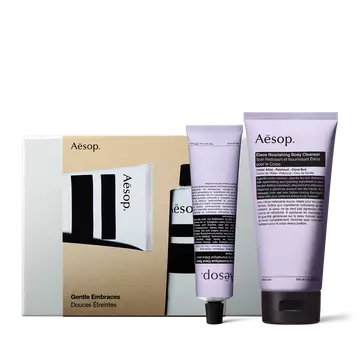 Two lilac Aesop tubes with black caps stand in front of a silver gift box with a gold illustrated sleeve.