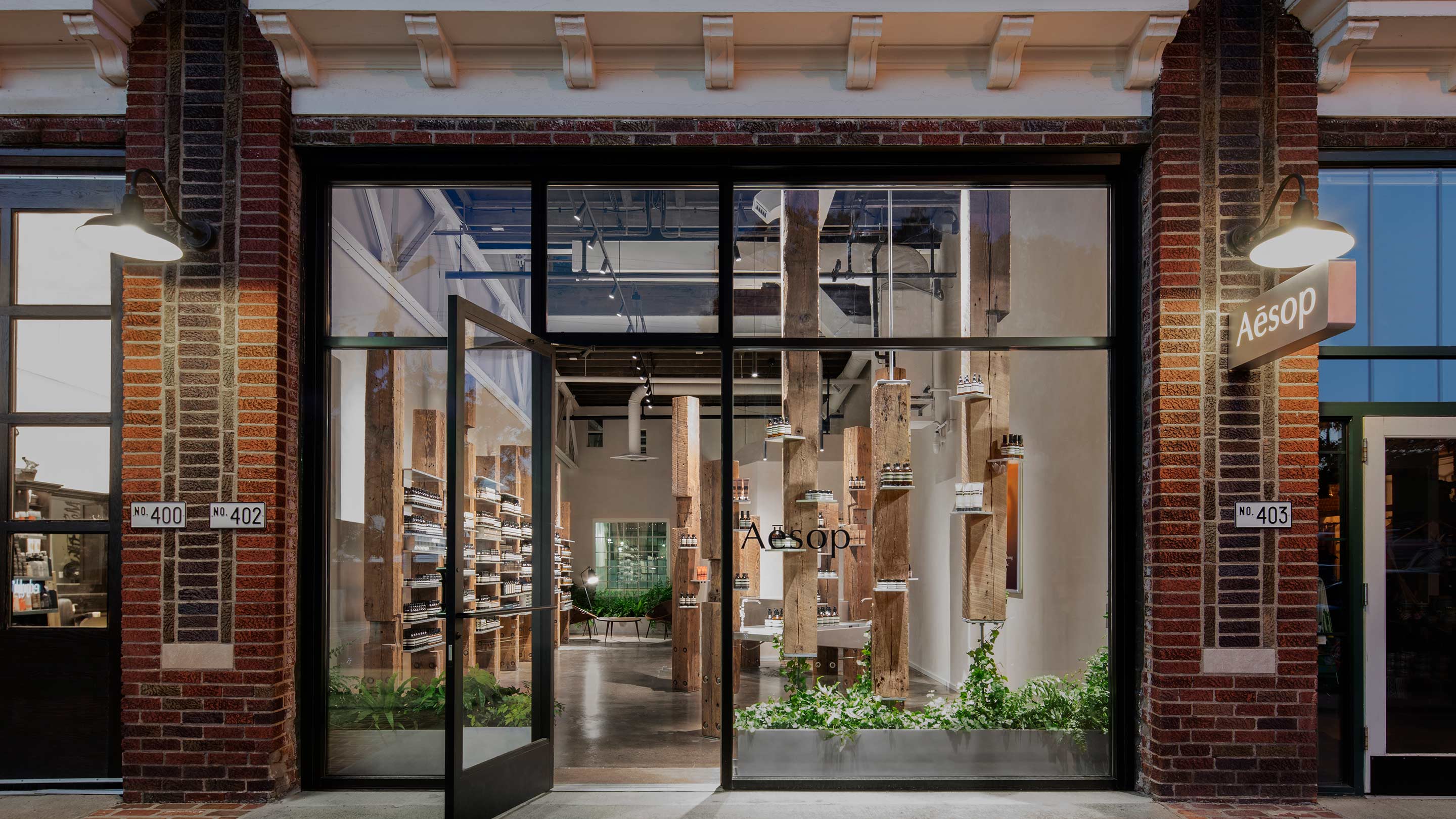 Exterior shot of Aesop Edgehill at night 