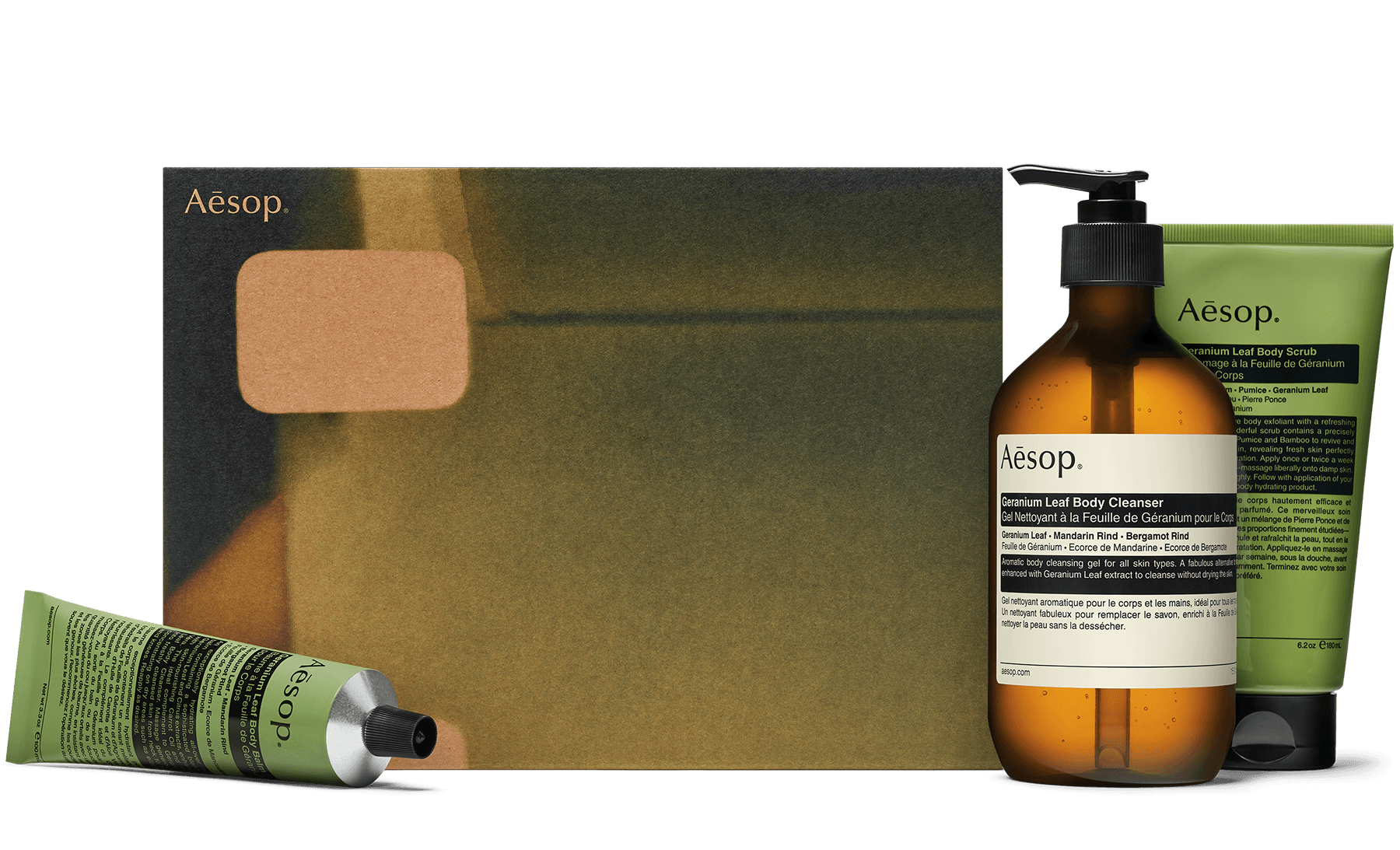 Geranium Leaf Body Care formulations alongside a recycled cardboard gift box. 