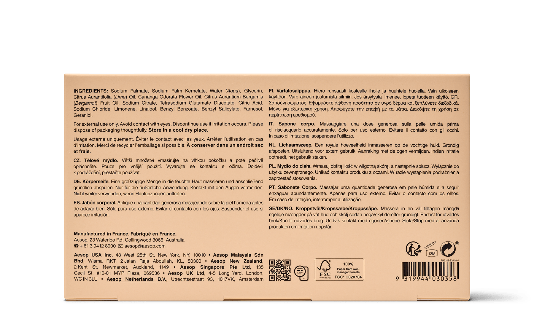 Back of Refresh Body Cleansing Slab in a recyclable FSC-certified, peach-coloured carton. 
