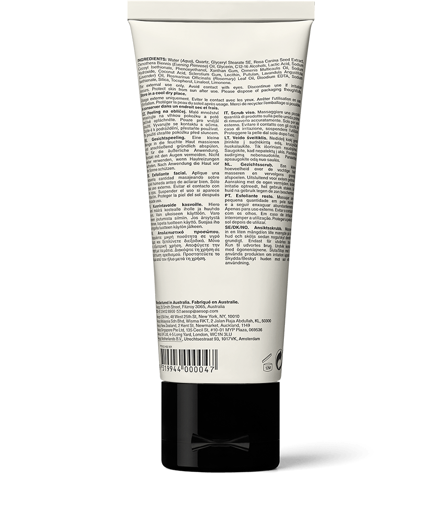 Back of Purifying Facial Exfoliant Paste in aluminium tube