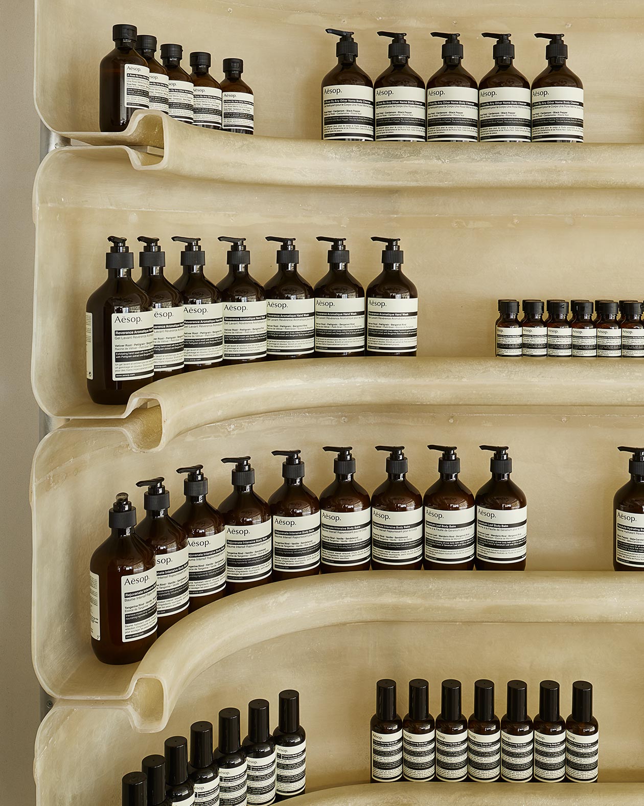 Aesop Jiyugaoka store interior shelving detail