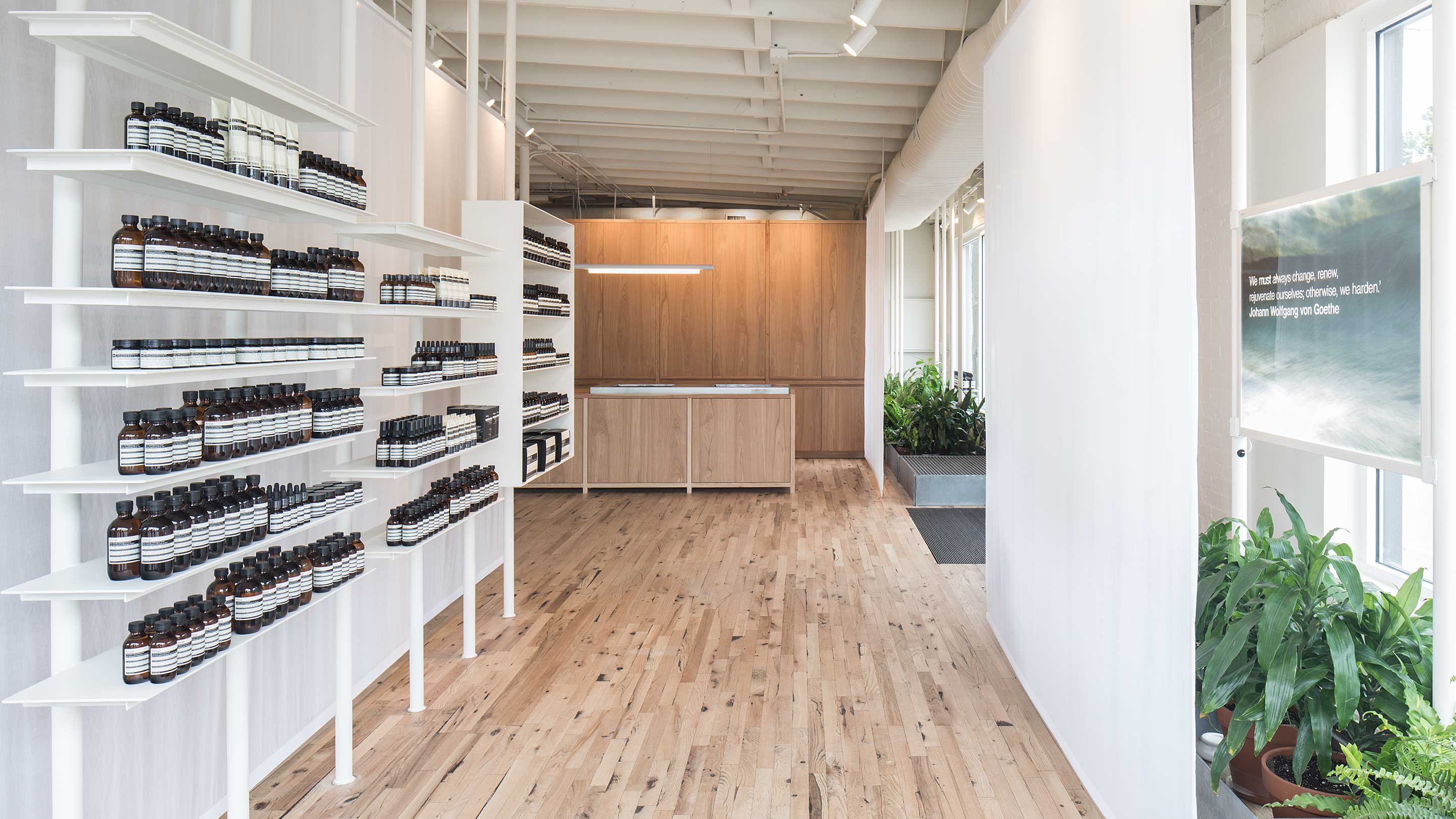 A look through the Aesop Montrose store interior, towards the counter area.