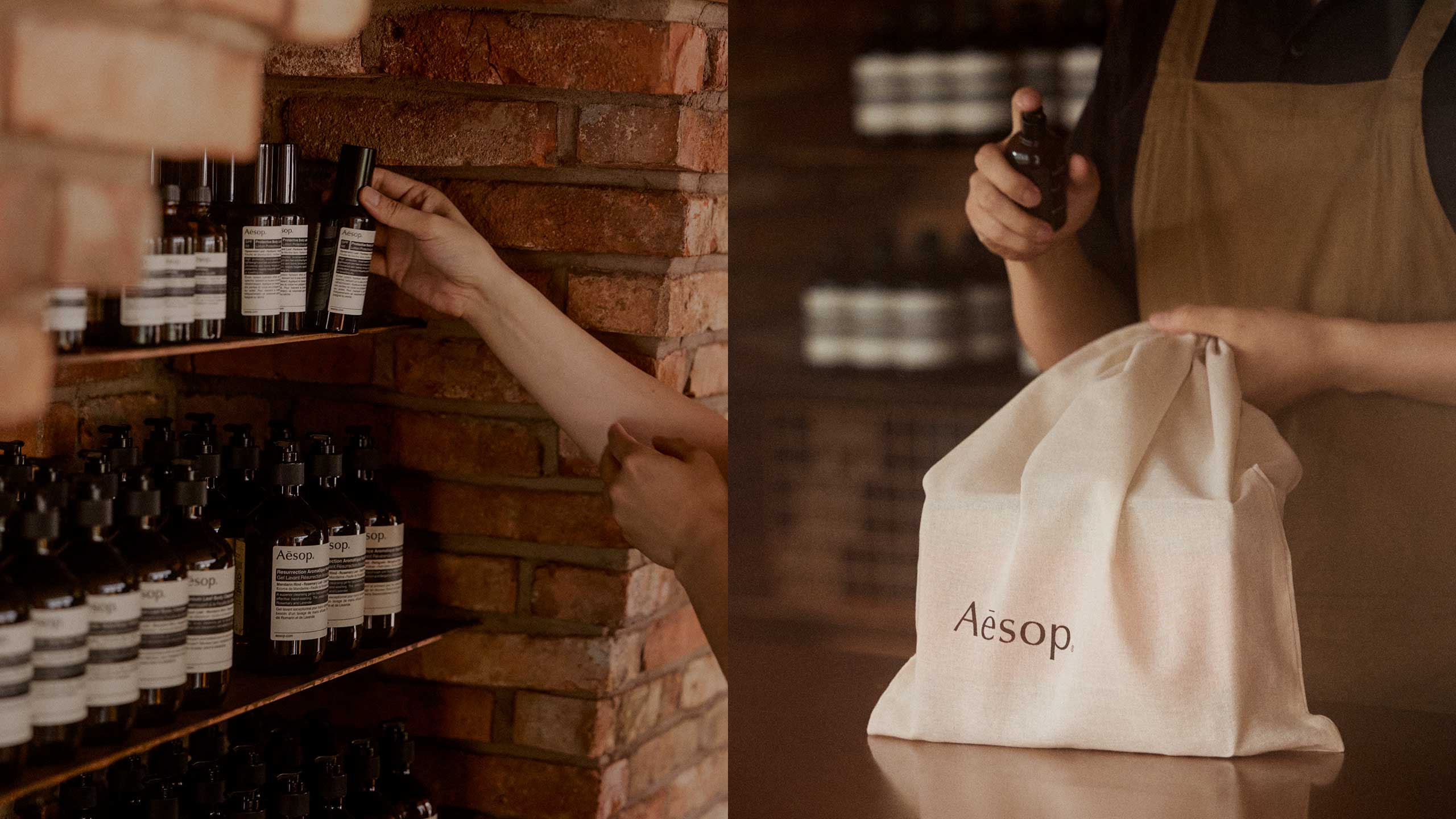 A hand reaching out for Aesop products and a hand spritzing Aesop fragrance on a cotton bag