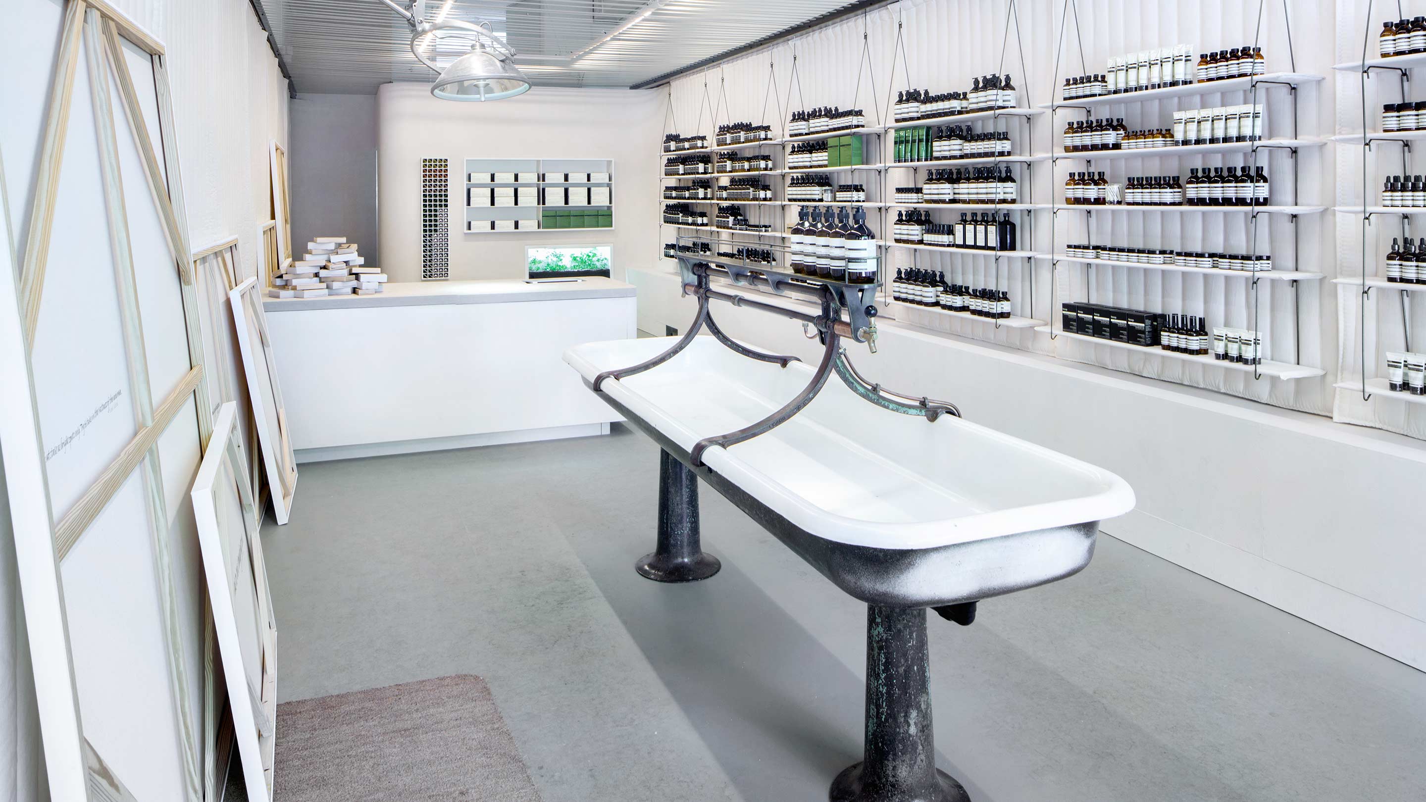 Vintage sink sitting in the centre of Aesop store