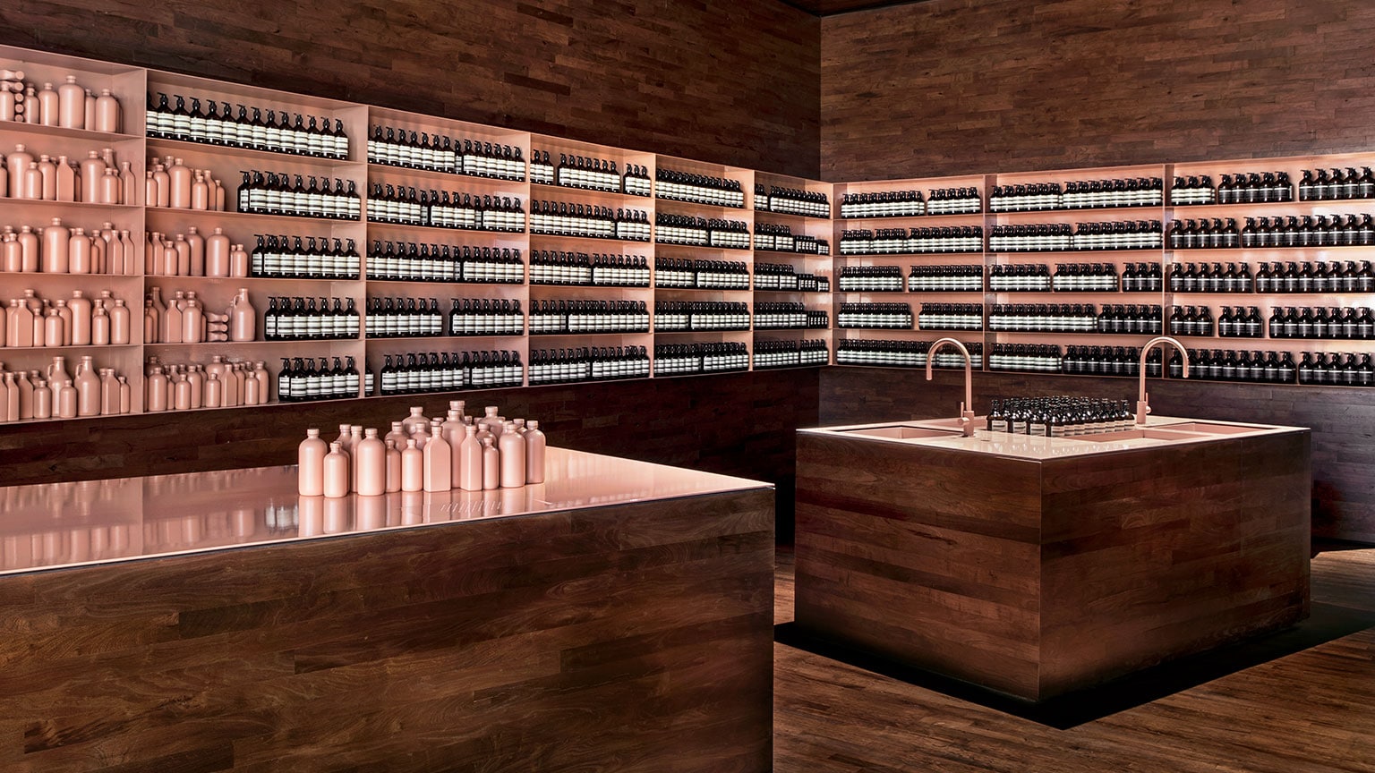 Two large wooden sinks sitting side-by-side with shelves of Aesop bottles in the background.