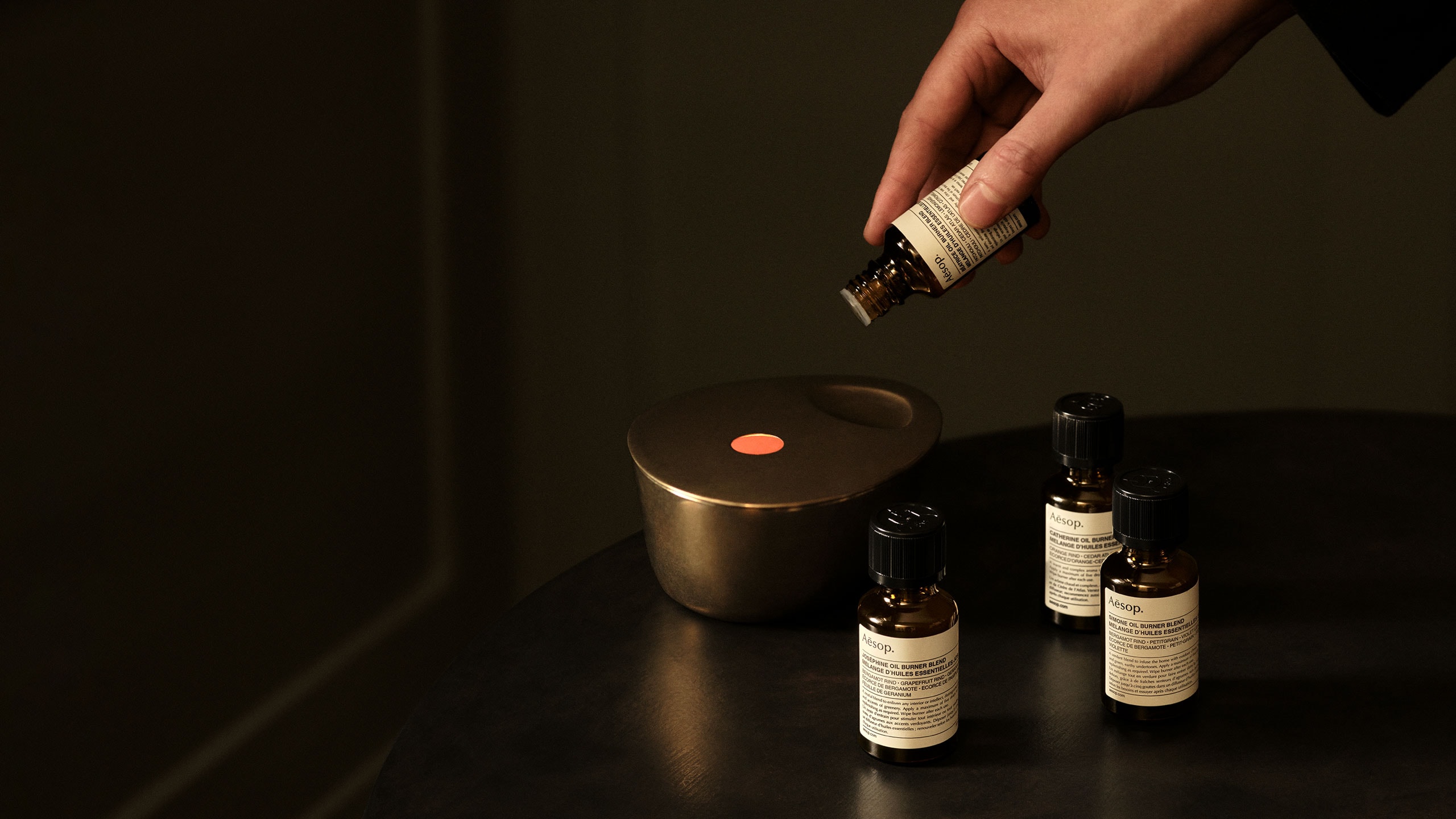 Aesop Brass Oil Burner and Oil Burner Blends in use.