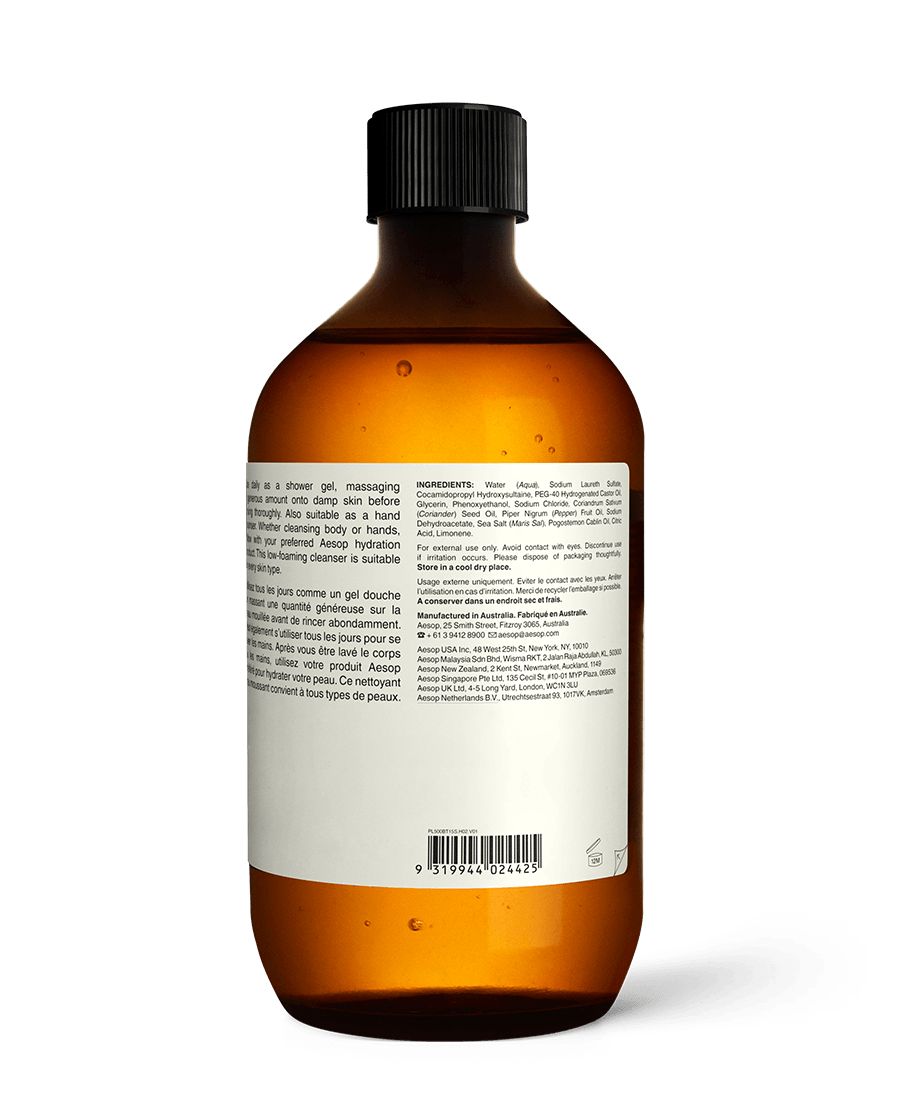 Back of Aesop Coriander Seed Body Cleanser 500ml refill in amber bottle with screwcap