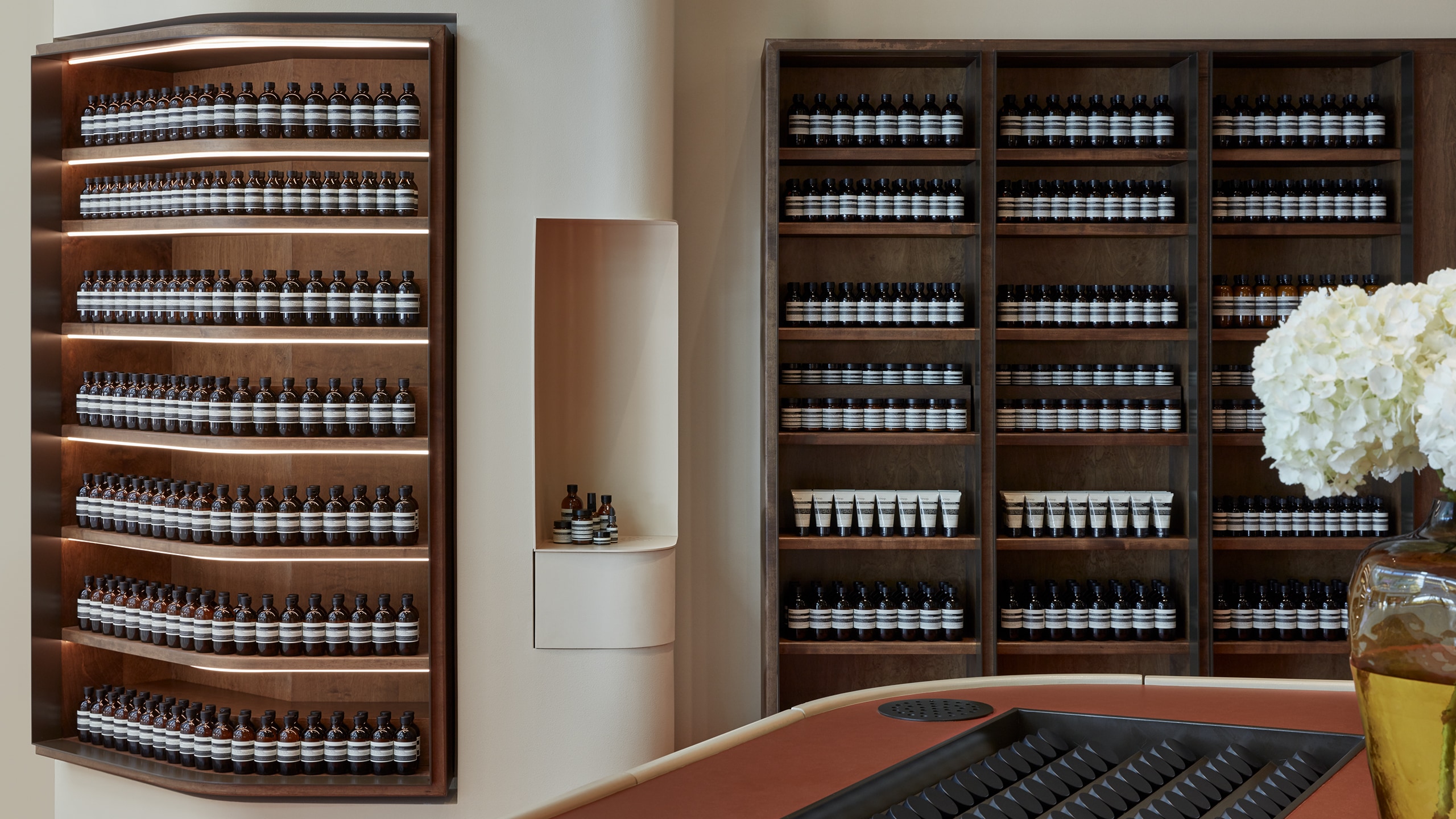 Aesop Yas Mall shelving detail displaying product