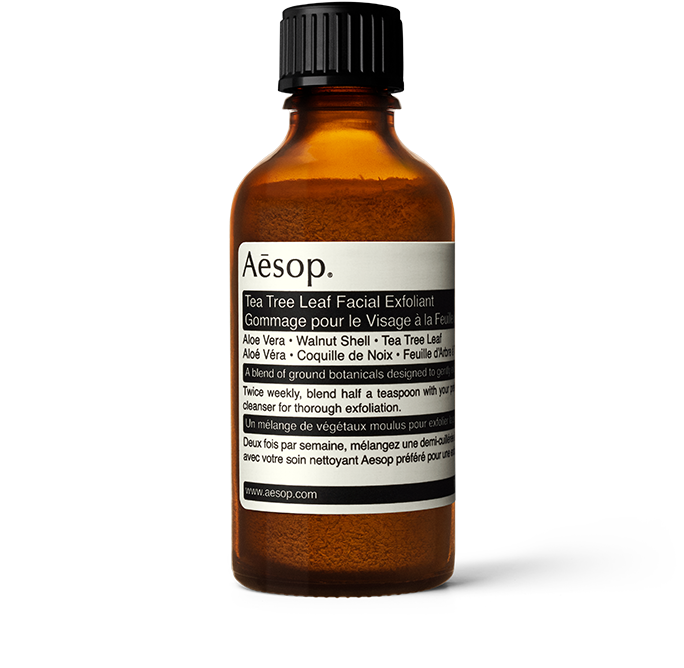 Aesop’s Tea Tree Leaf Facial Exfoliant in amber bottle; for normal, combination and oily skin, with Aloe Vera, Walnut Shell, Tea Tree Leaf.