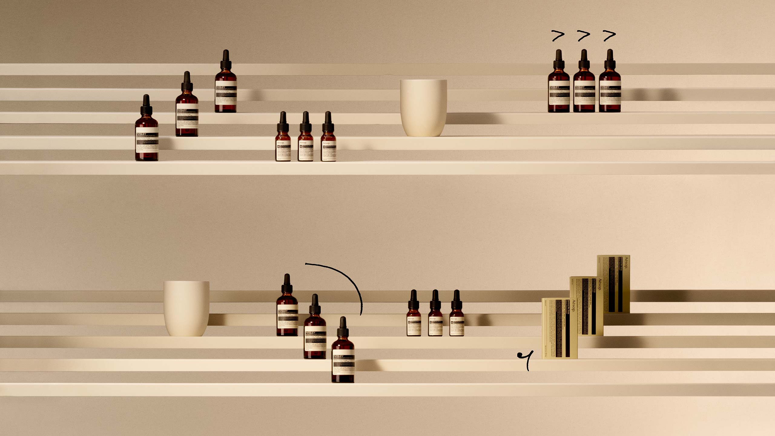 Aesop products and music notes placed on white stairs in beige background 