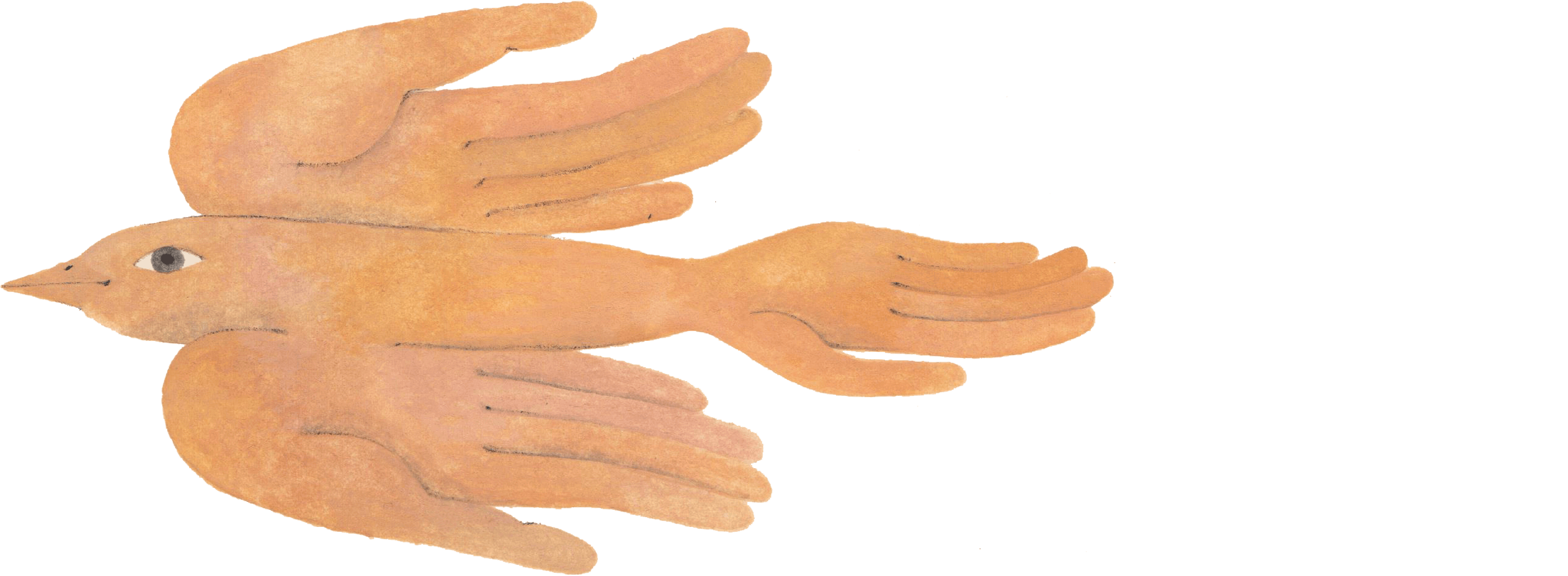 Abstract illustration of a bird-like figure held in the palm of hands.