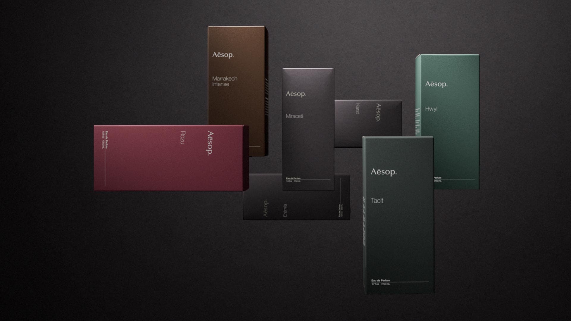 Horizontal thumbnail image displaying of Aesop fragrances.