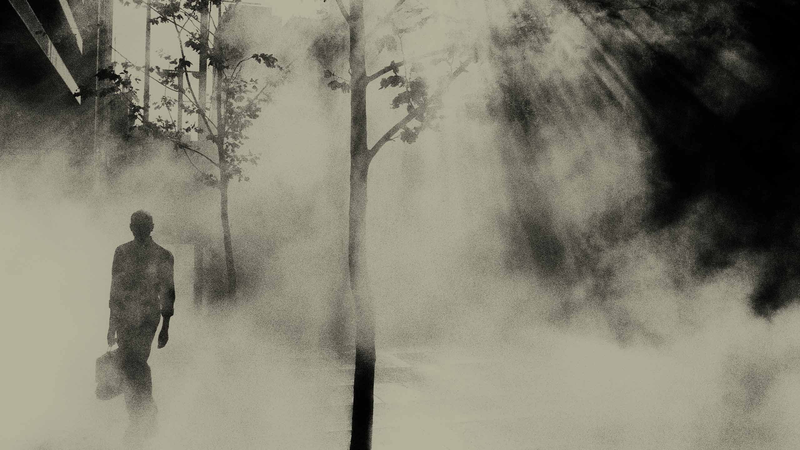 Black and white image of a person walking through a misty forest. 