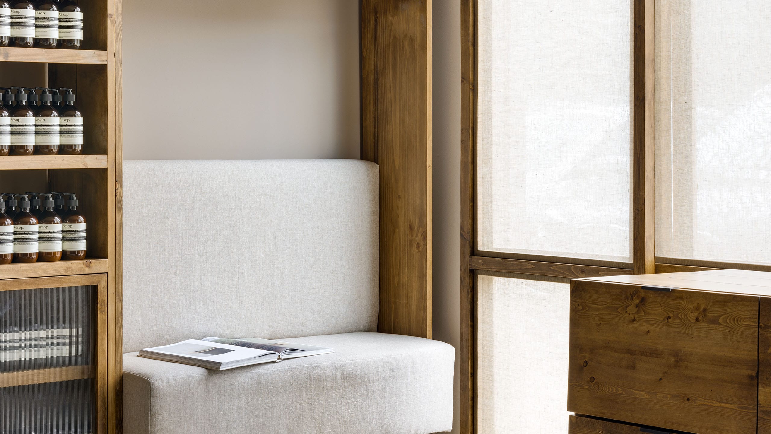 Natural beige-coloured upholstered seating.