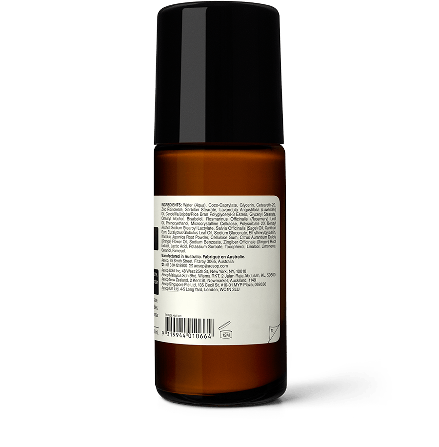 Back of Herbal Déodorant Roll-On in amber glass bottle 