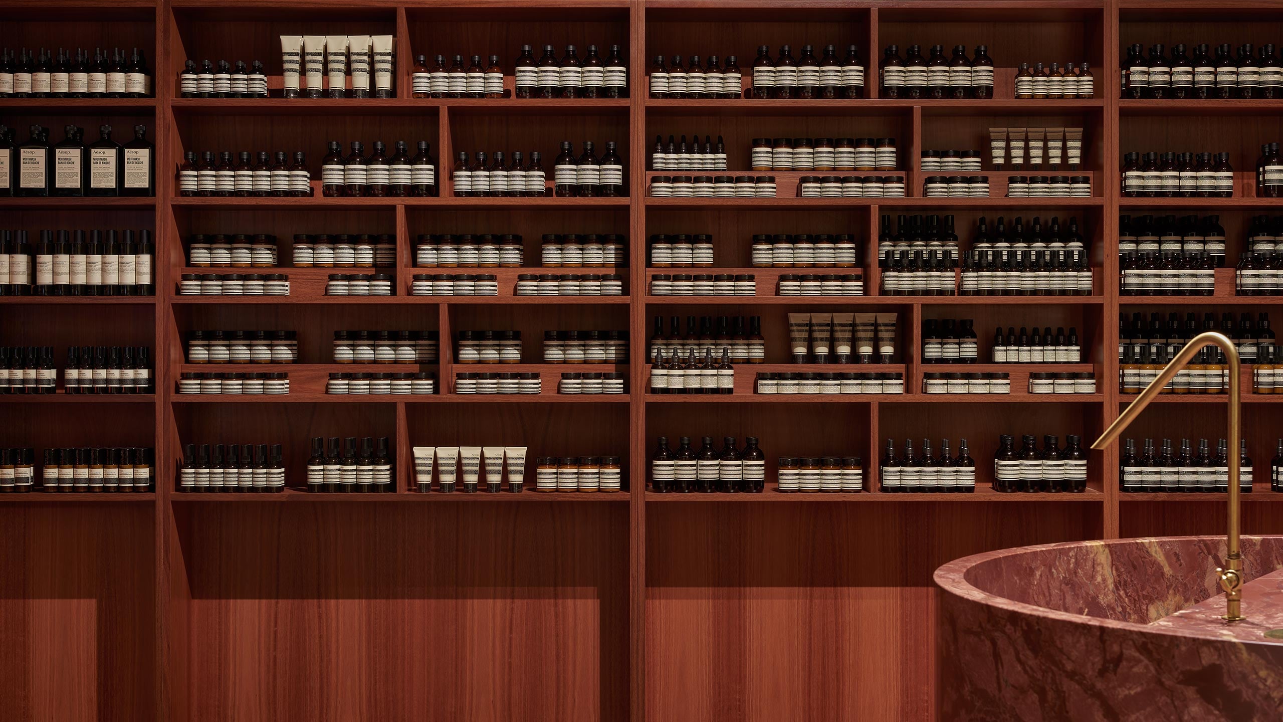 A close-up of the several display shelves that line the back walls of the store.