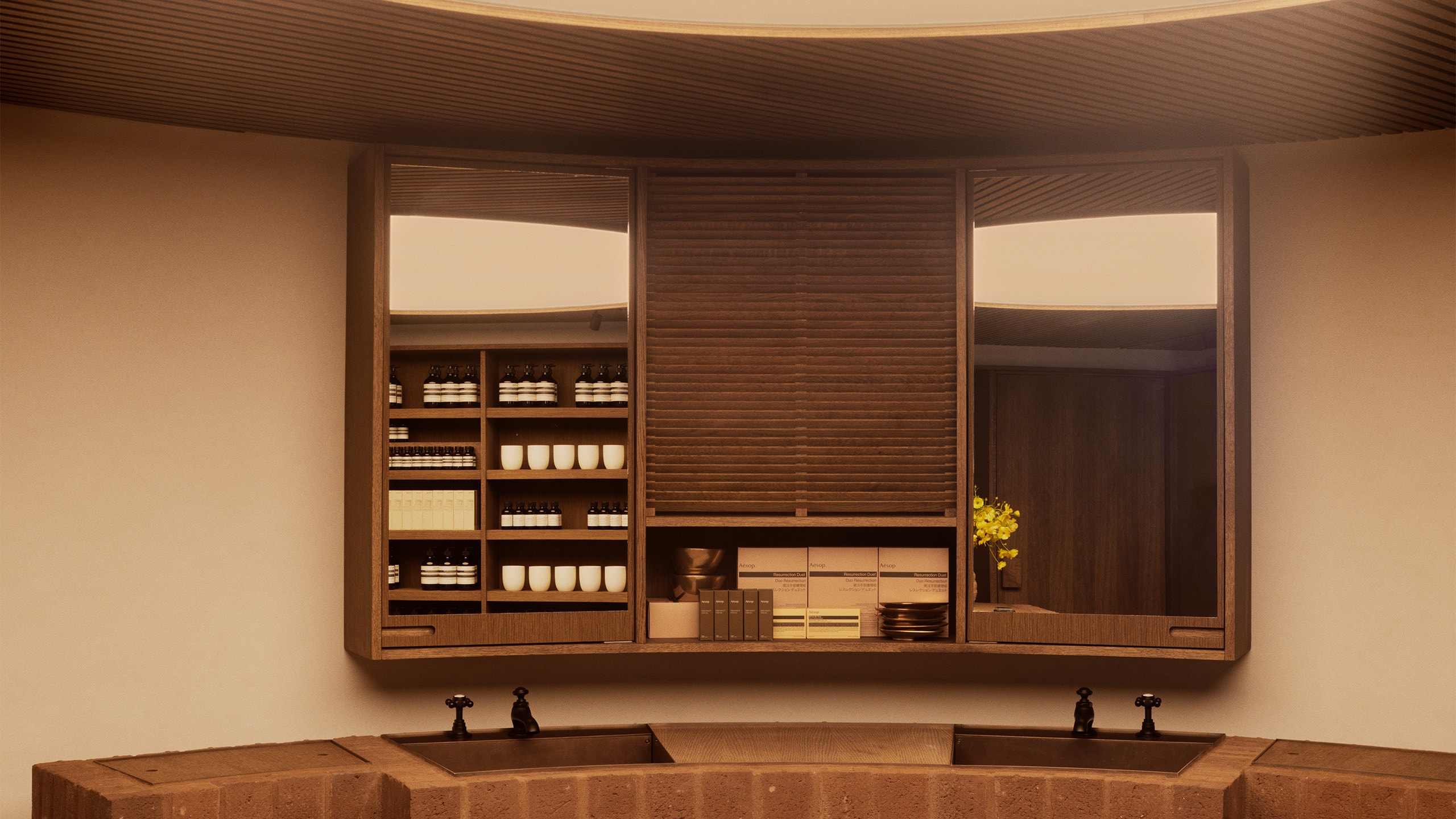 Aesop Kronprinsensgade store interior product shelving unit containing two mirrors directly above washing basins.
