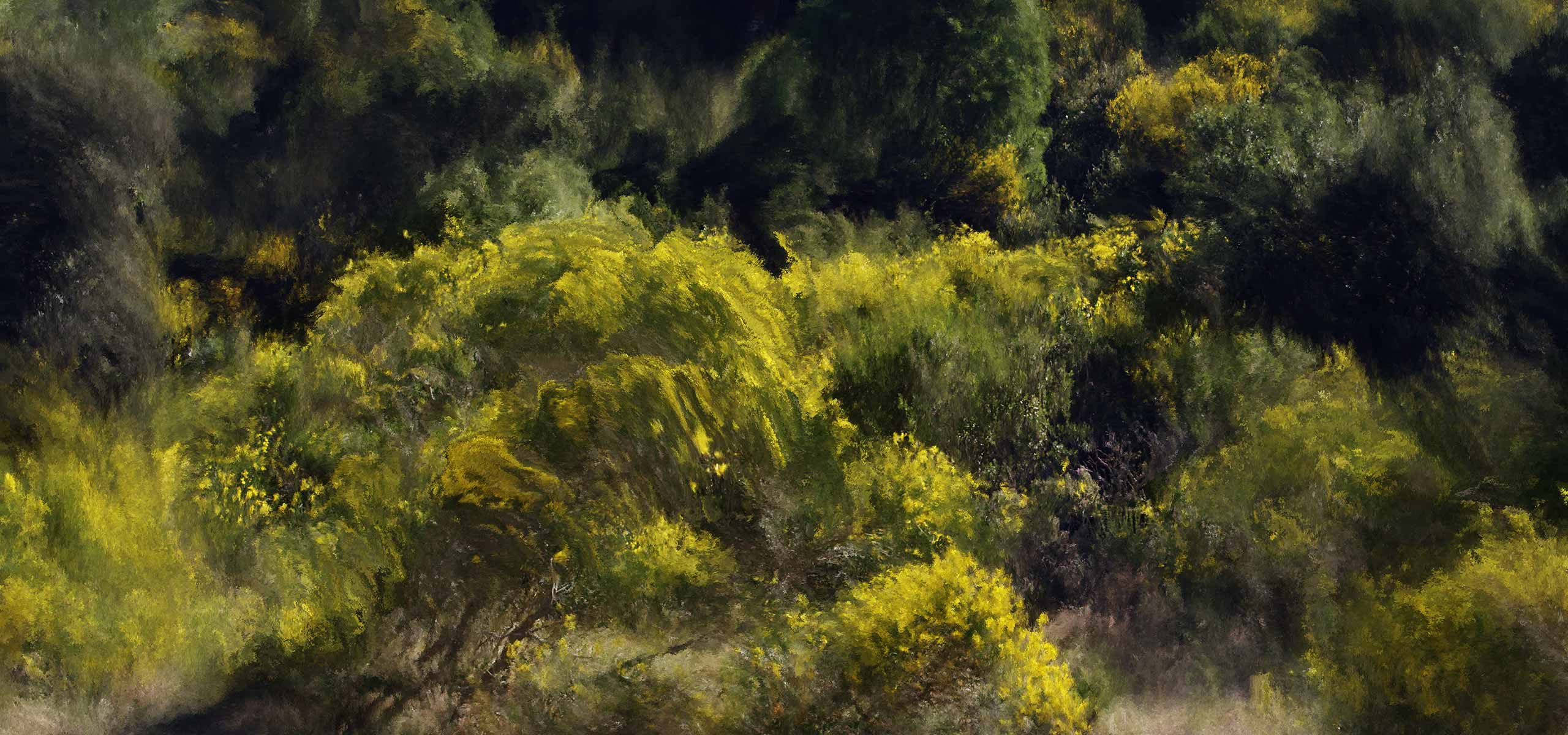 An abstract image of paint-like textures in varying shades of green and yellow.