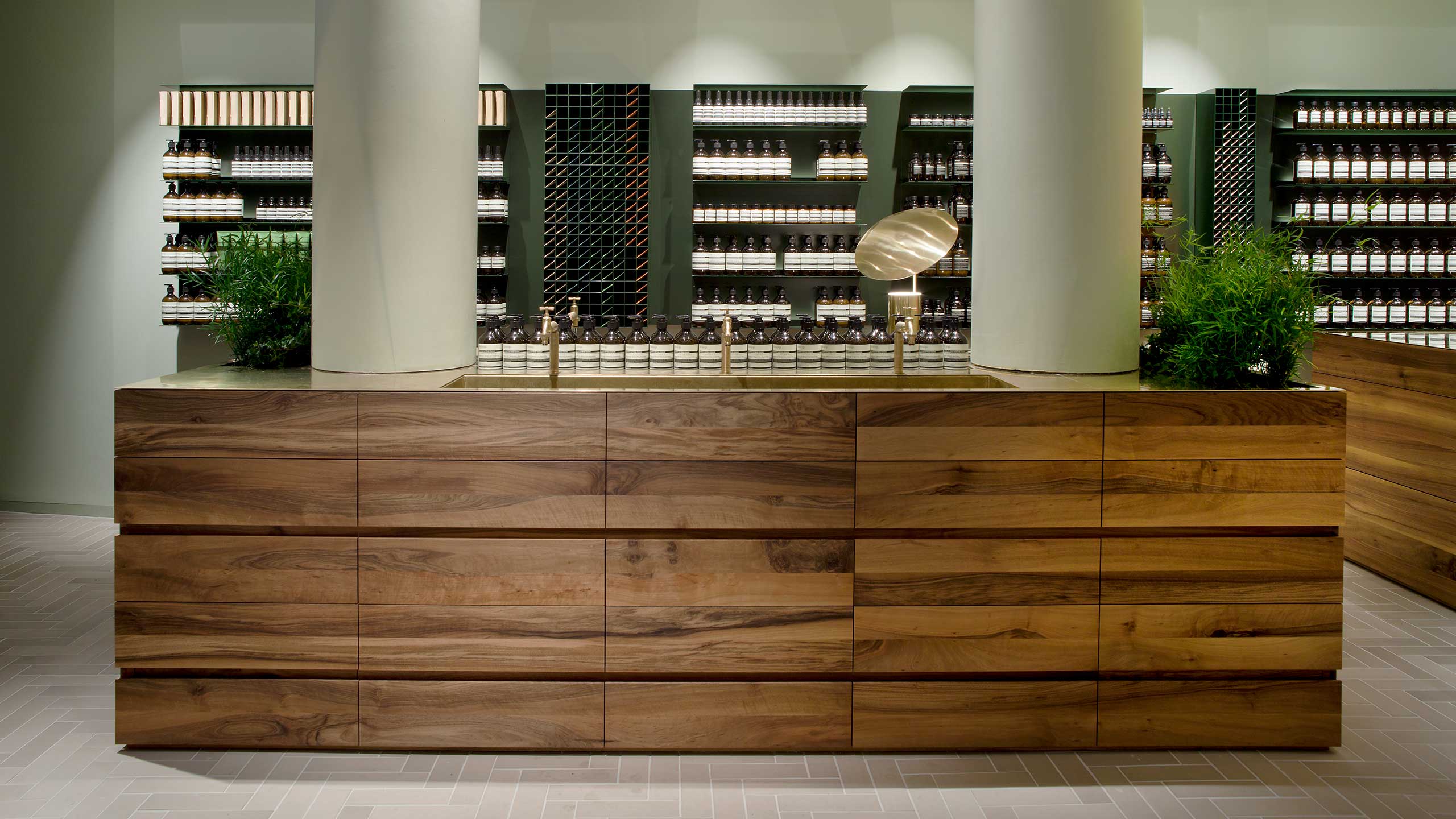 Aesop Kaiserplatz store with countertop containing product and plants, shelving in the background