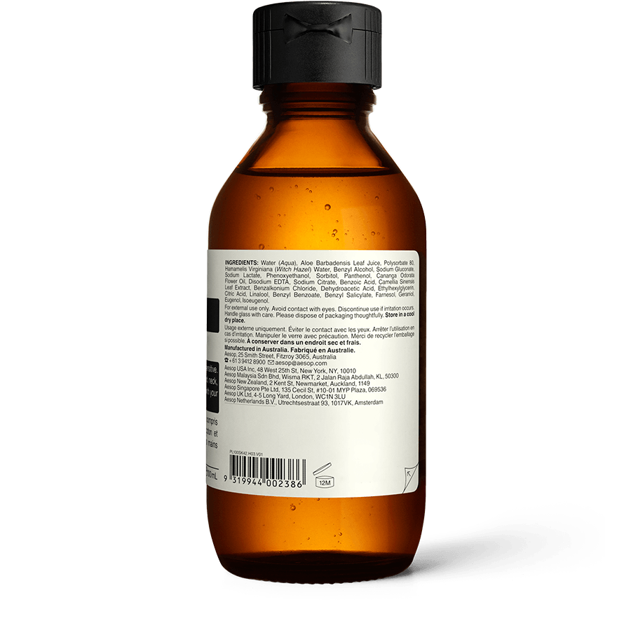Back of B & Tea Balancing Toner in amber glass bottle 