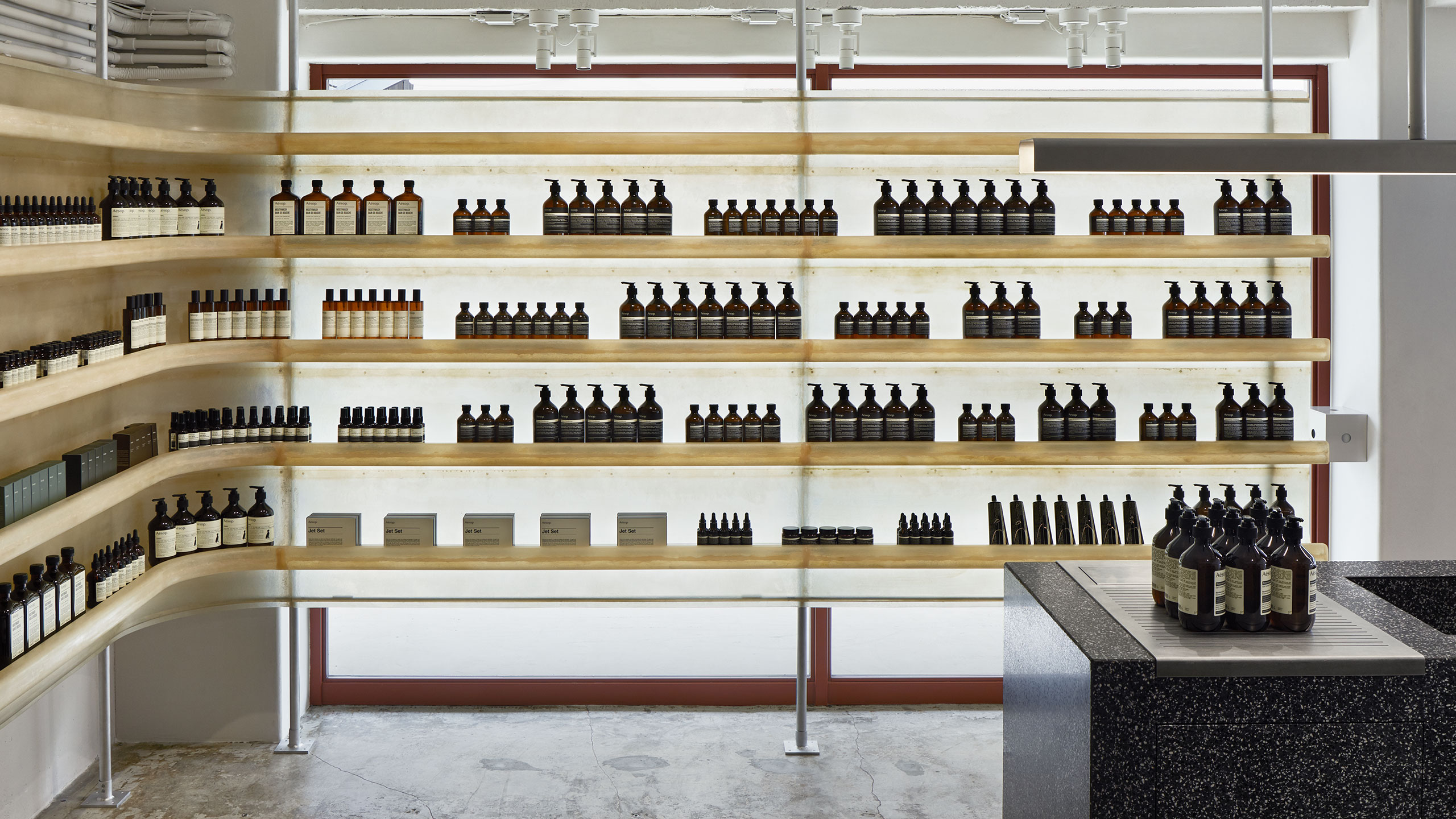 Aesop Jiyugaoka interior shelving