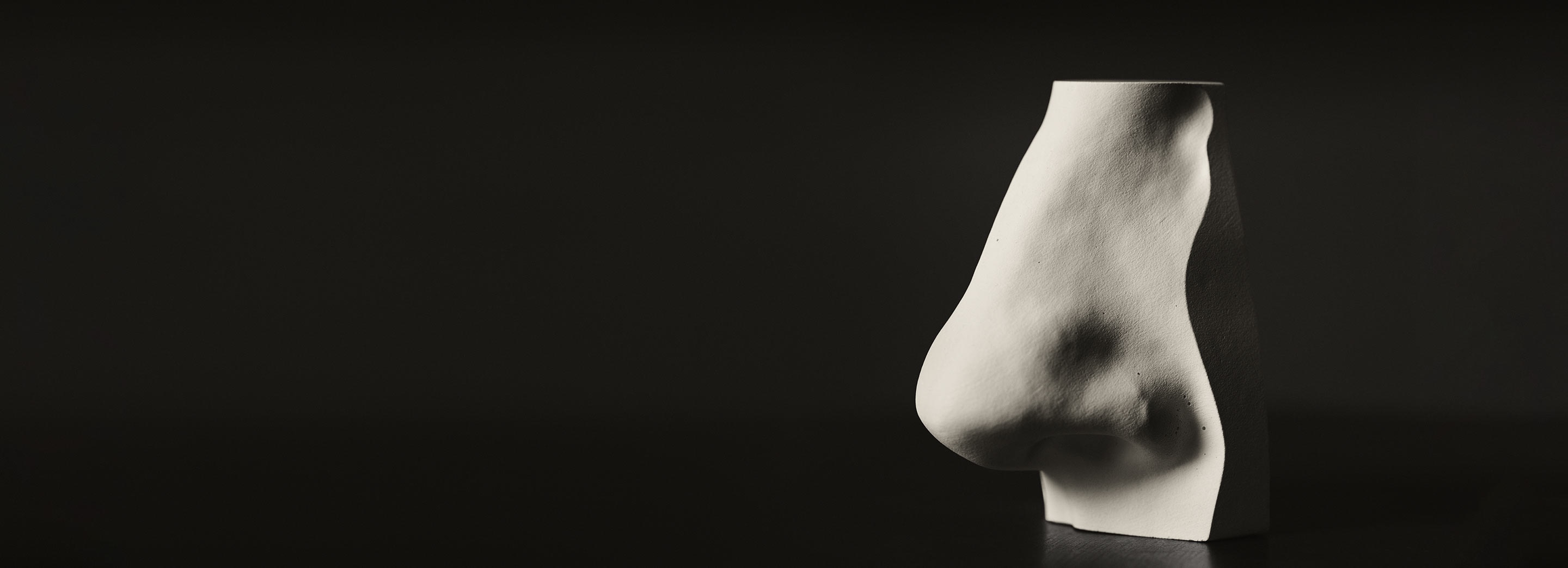 A nose sculpture placed in front of black background