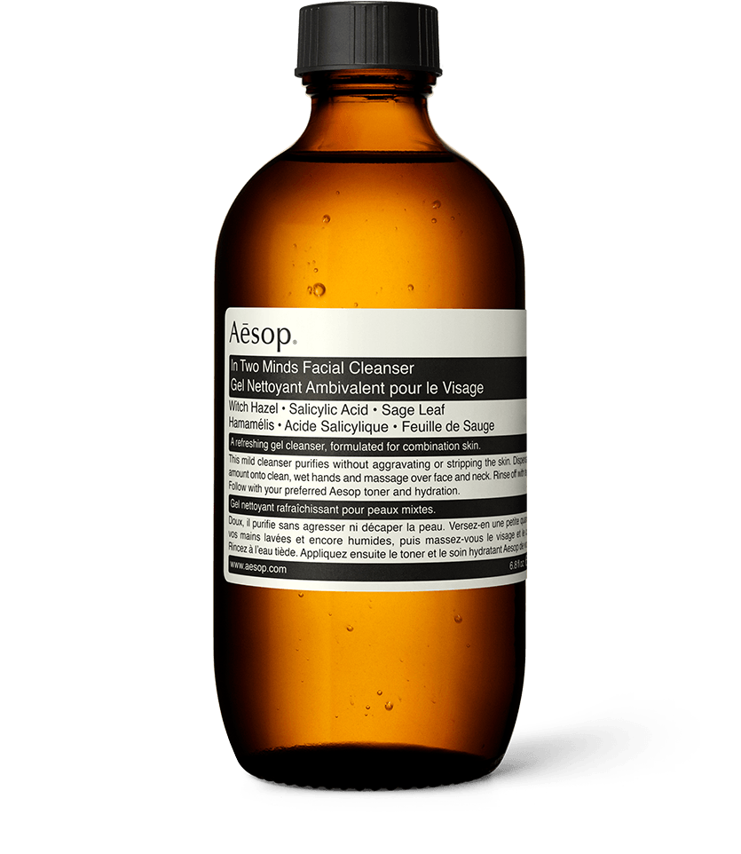 Aesop’s In Two Minds Facial Cleanser; a daily gel cleanser for combination skin with Witch Hazel and Salicylic Acid.