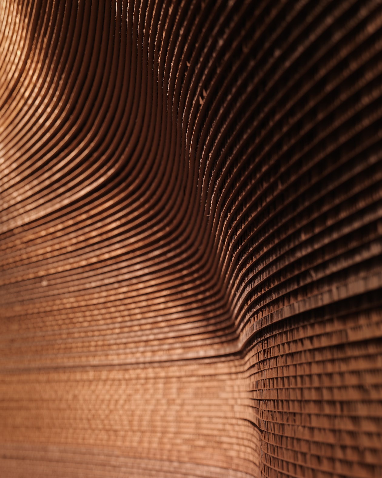A close-up of the dark-brown, curved, cardboard feature wall. 