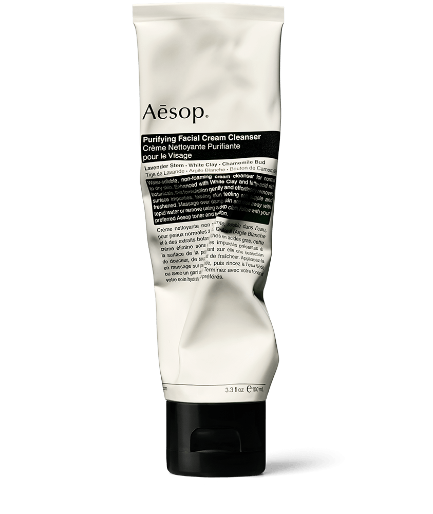 Aesop’s Purifying Facial Cream Cleanser in aluminium tube; enriched with Lavender Stem and White Clay.