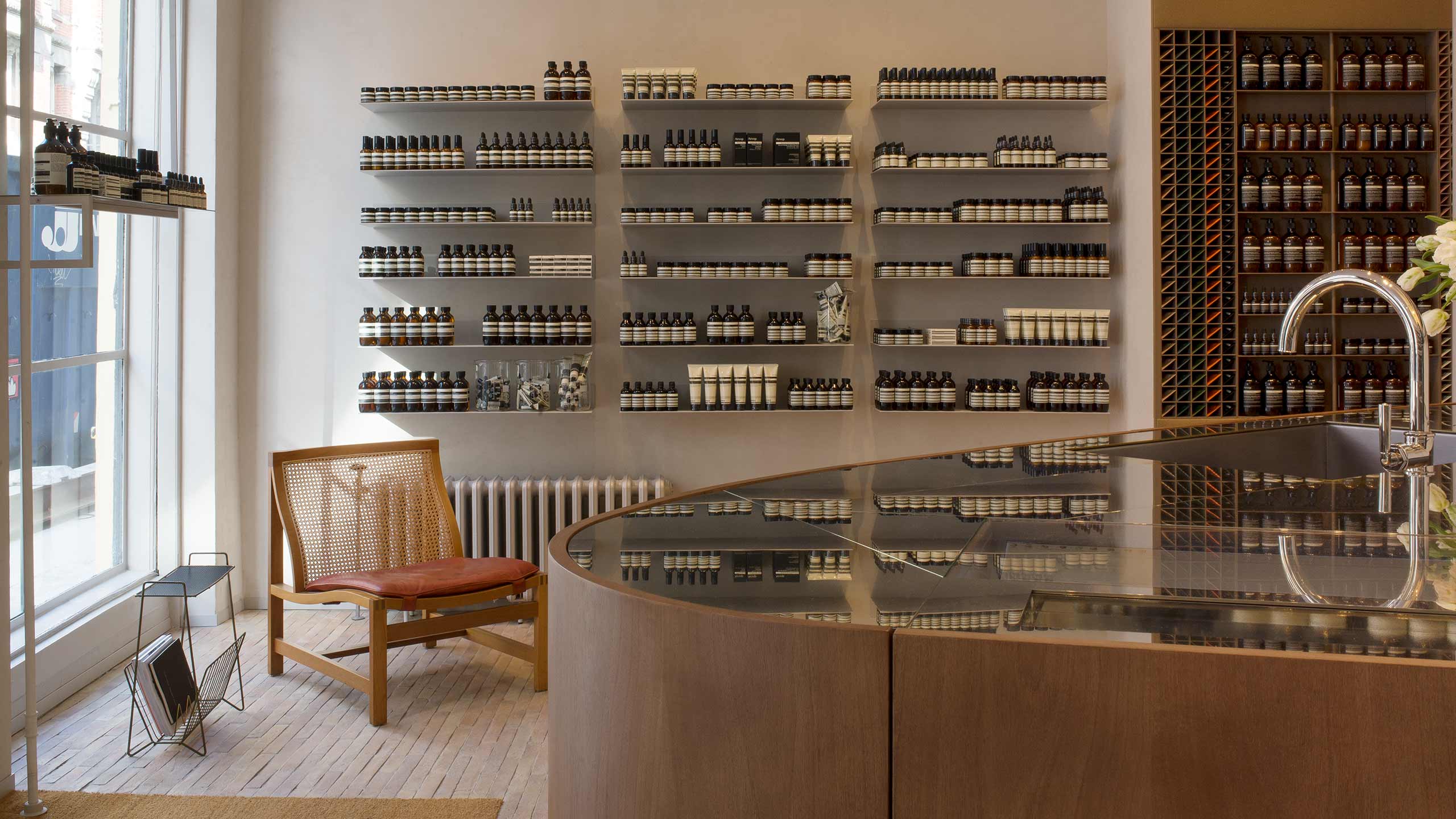 Aesop Nyhavn interior counter, basin and shelving detail