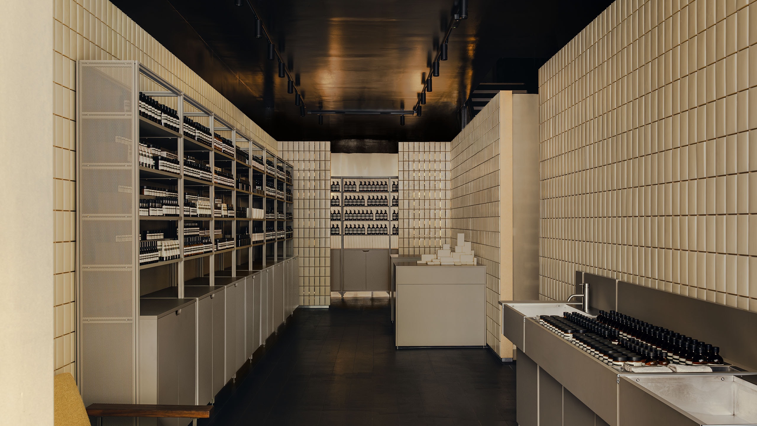 Aesop Knightsbridge store interior bar soap fixings and product displays.