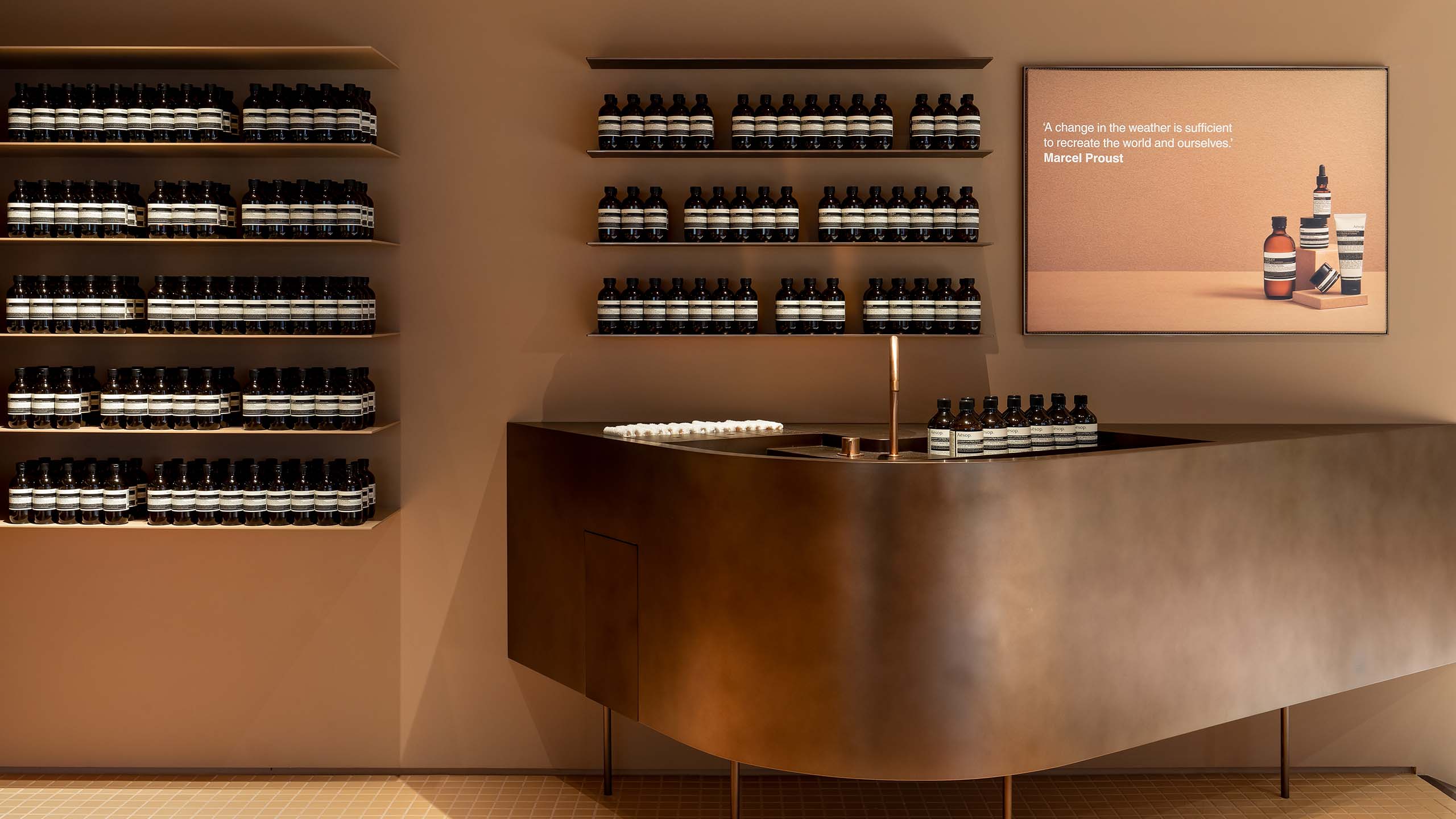 Esline Xinyi store interior with sink and products display on the shelves 