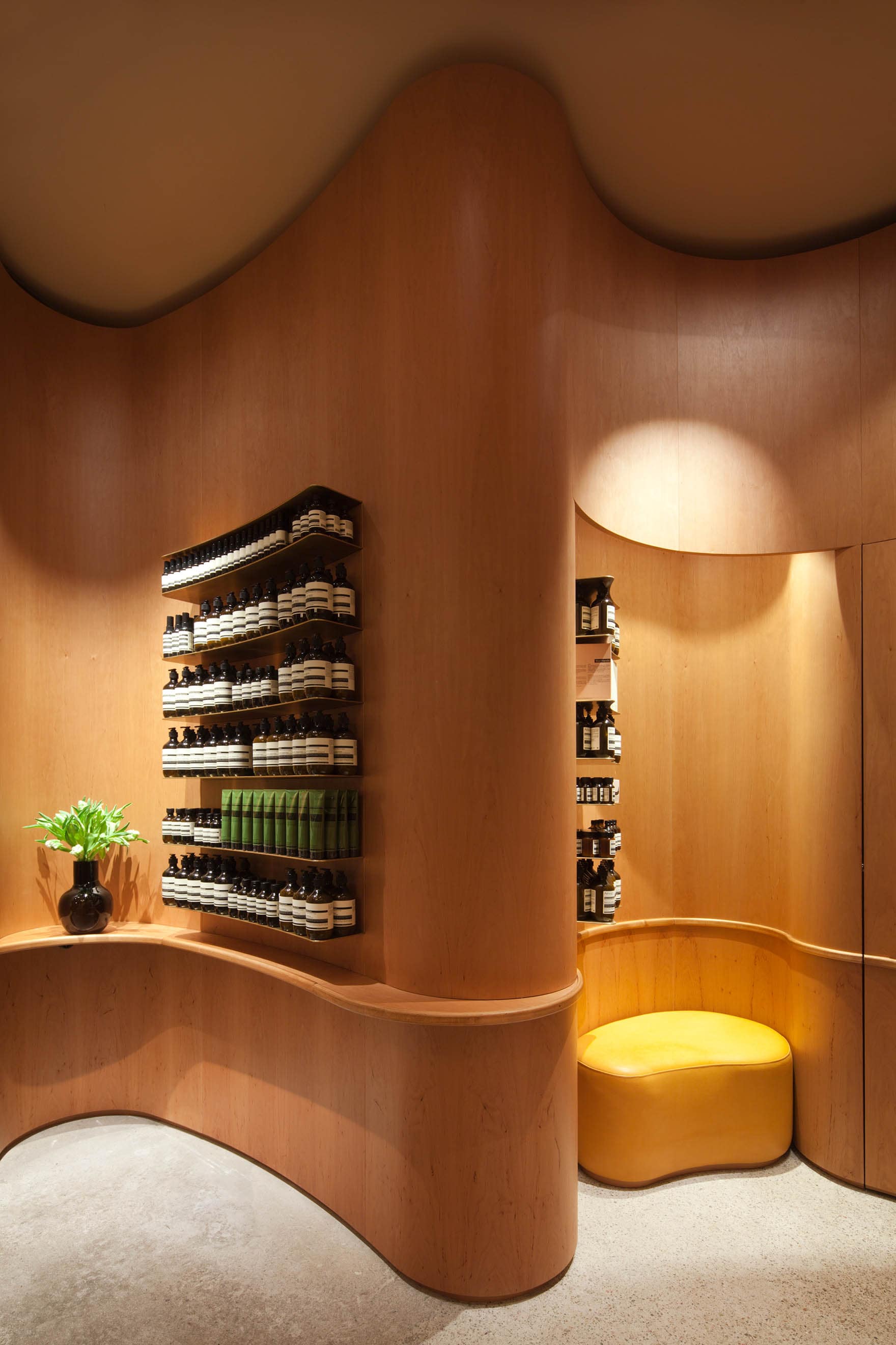 Aesop store, product on shelves, curved wall detail
