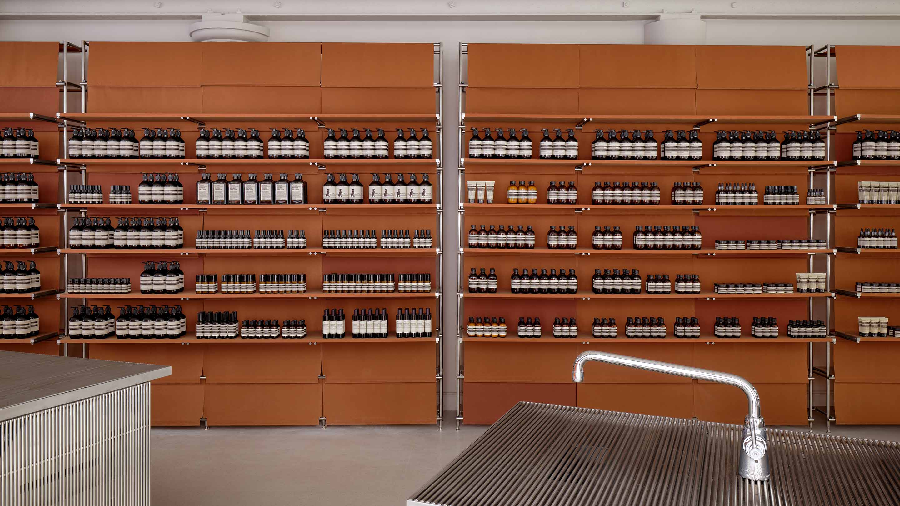 rows of wooden shelves in store interior