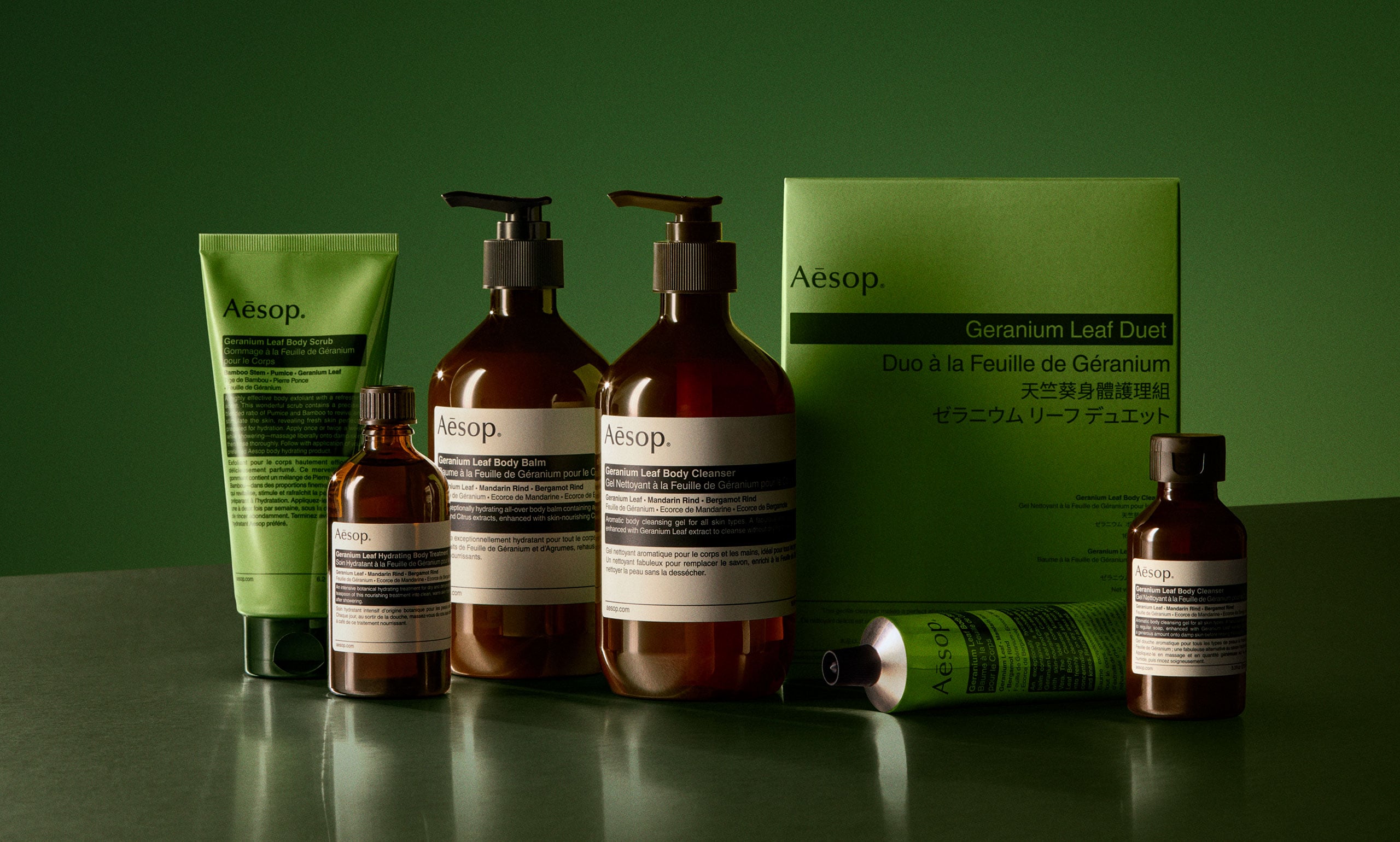 Full range of Geranium Leaf products displaying against a green background.