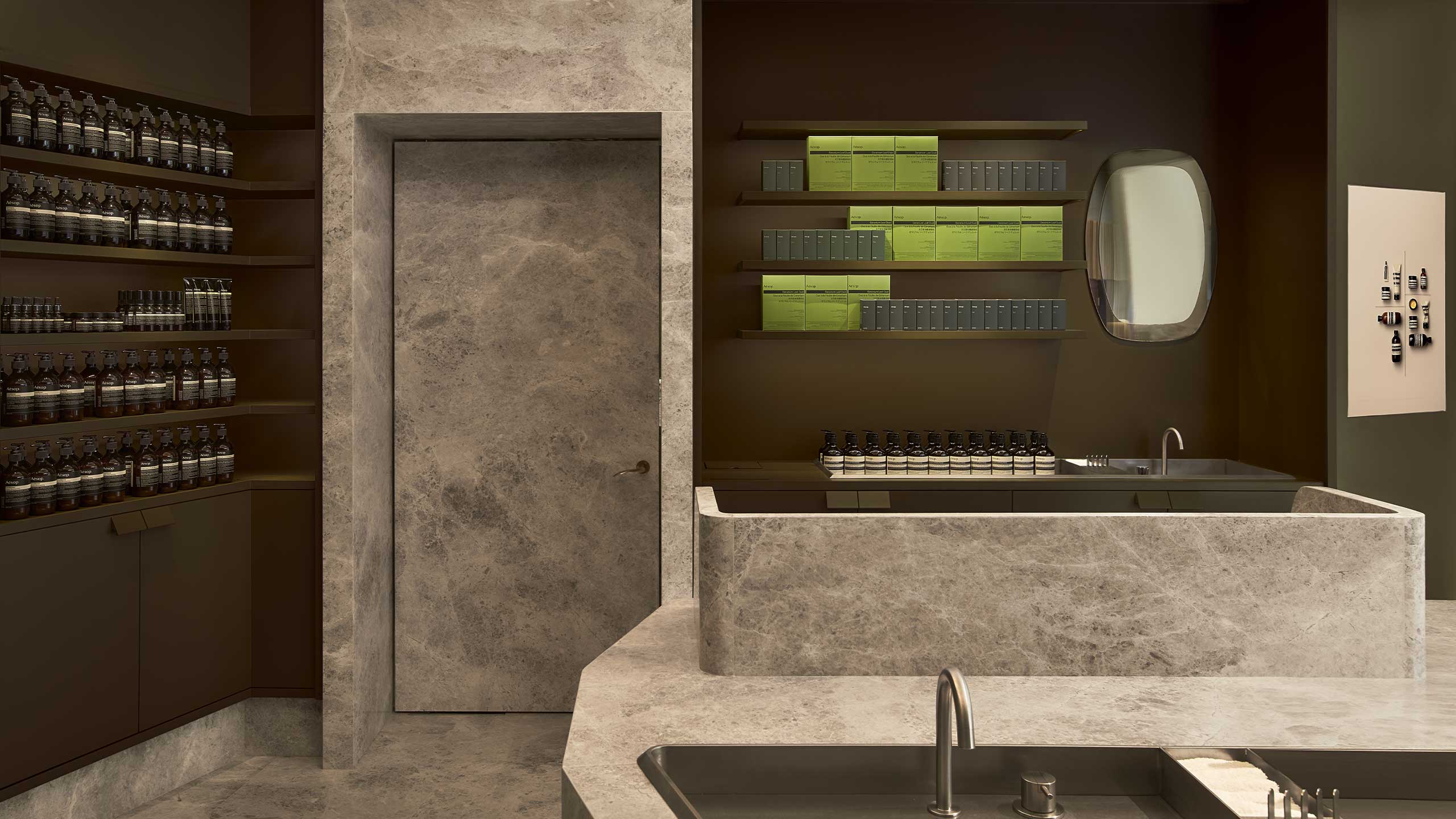 Aesop Macau DFS Four Season store interior with an individual basin with a vintage mirror reflecting the store