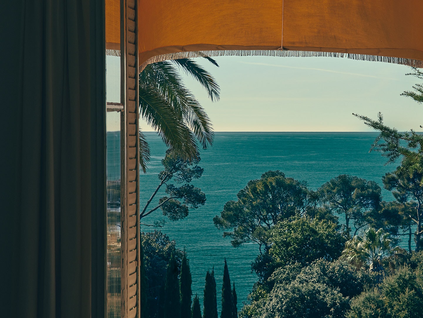 palm trees and ocean view visible through window