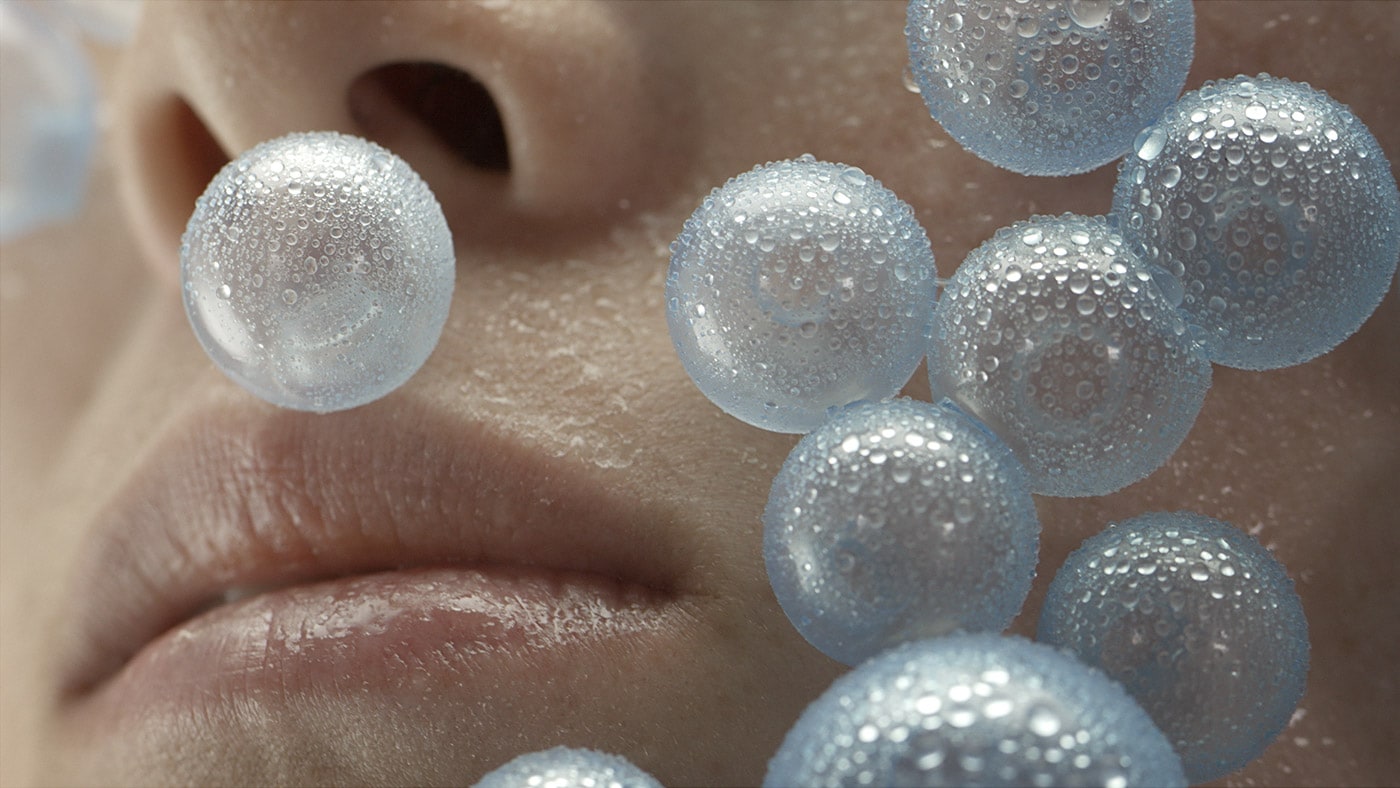 Bubbles of blue over the lower half of a face