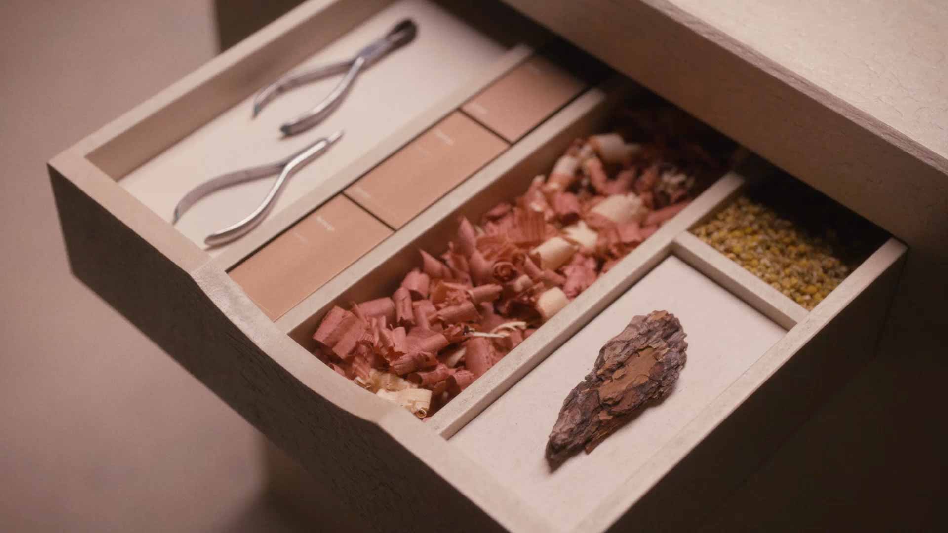 A wooden drawer displaying shaved sandalwood, magnoilia, dried flowers, Aurner EDP cartons