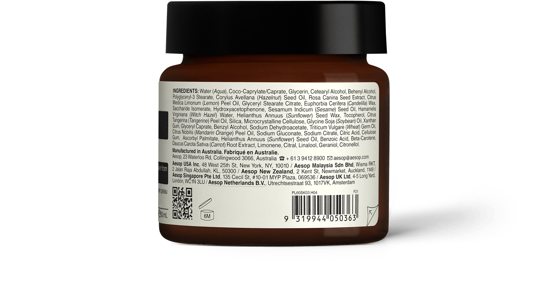 Back of Mandarin Facial Hydrating Cream in amber glass jar