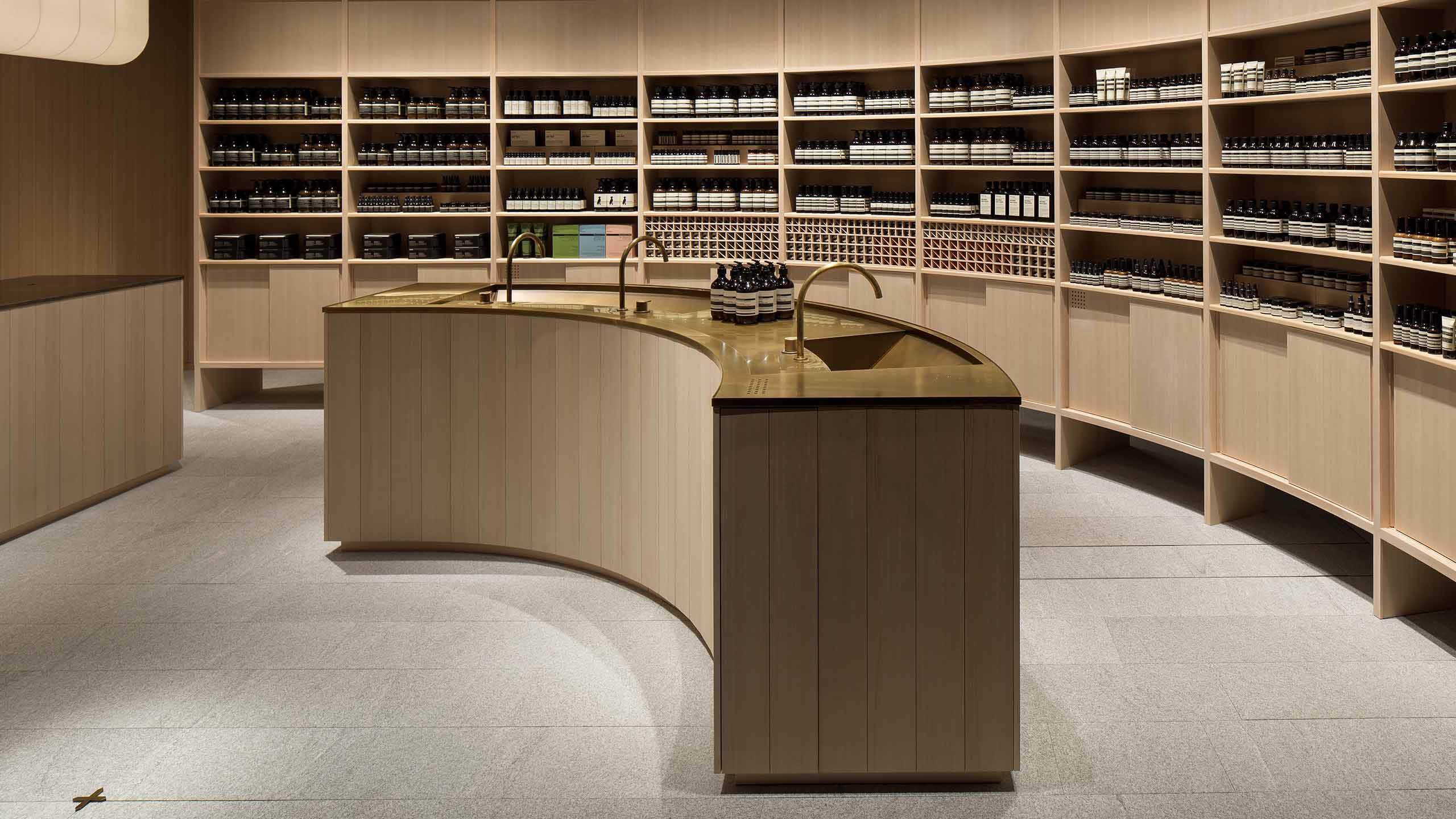 Aesop Nihonbashi product wall, counter and sink