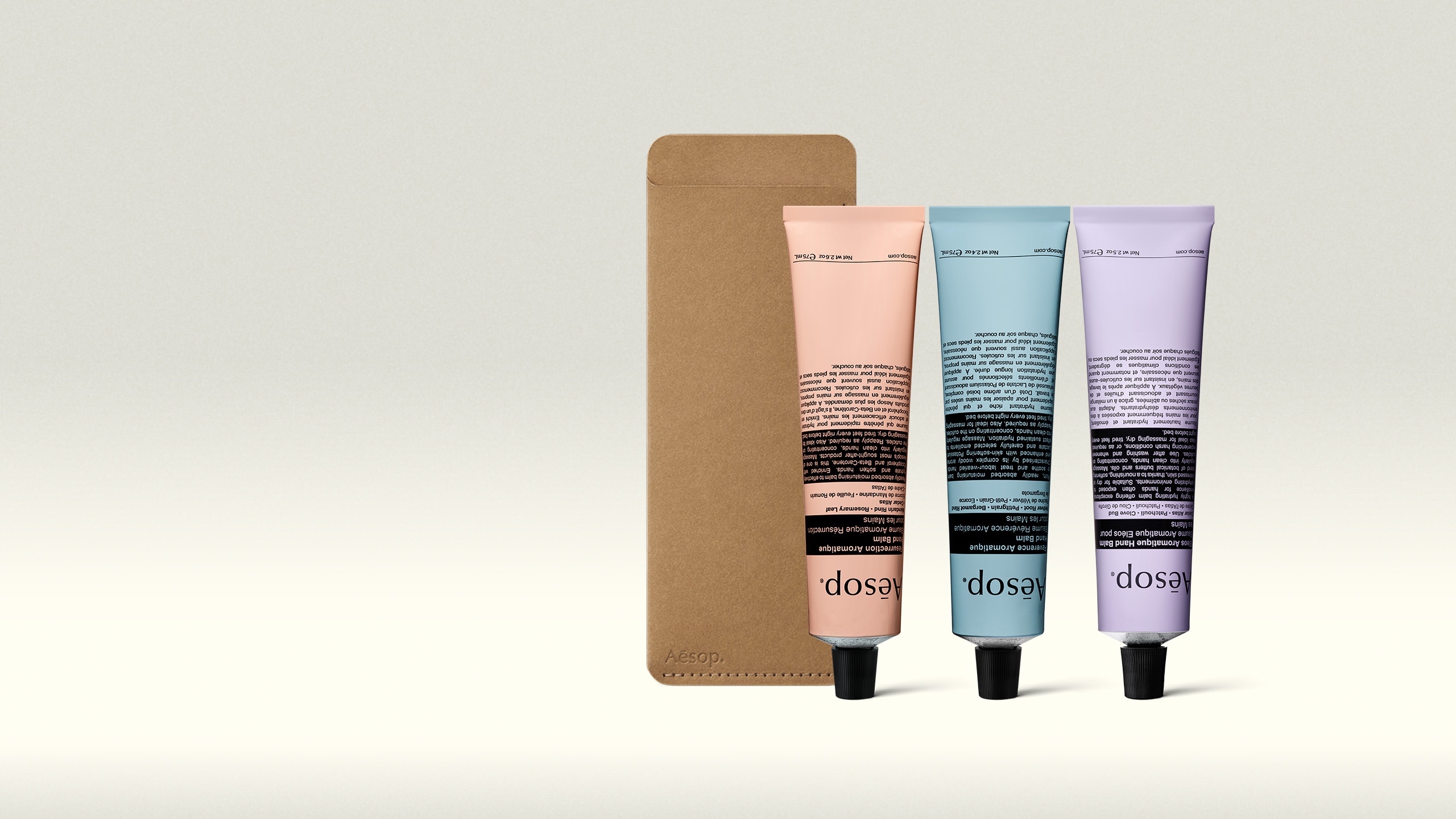 Aesop hand balms alongside a hand balm case