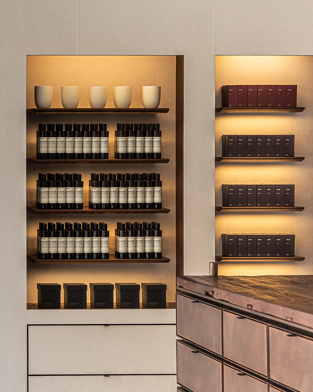 Aesop home and fragrance category products displayed on the shelves