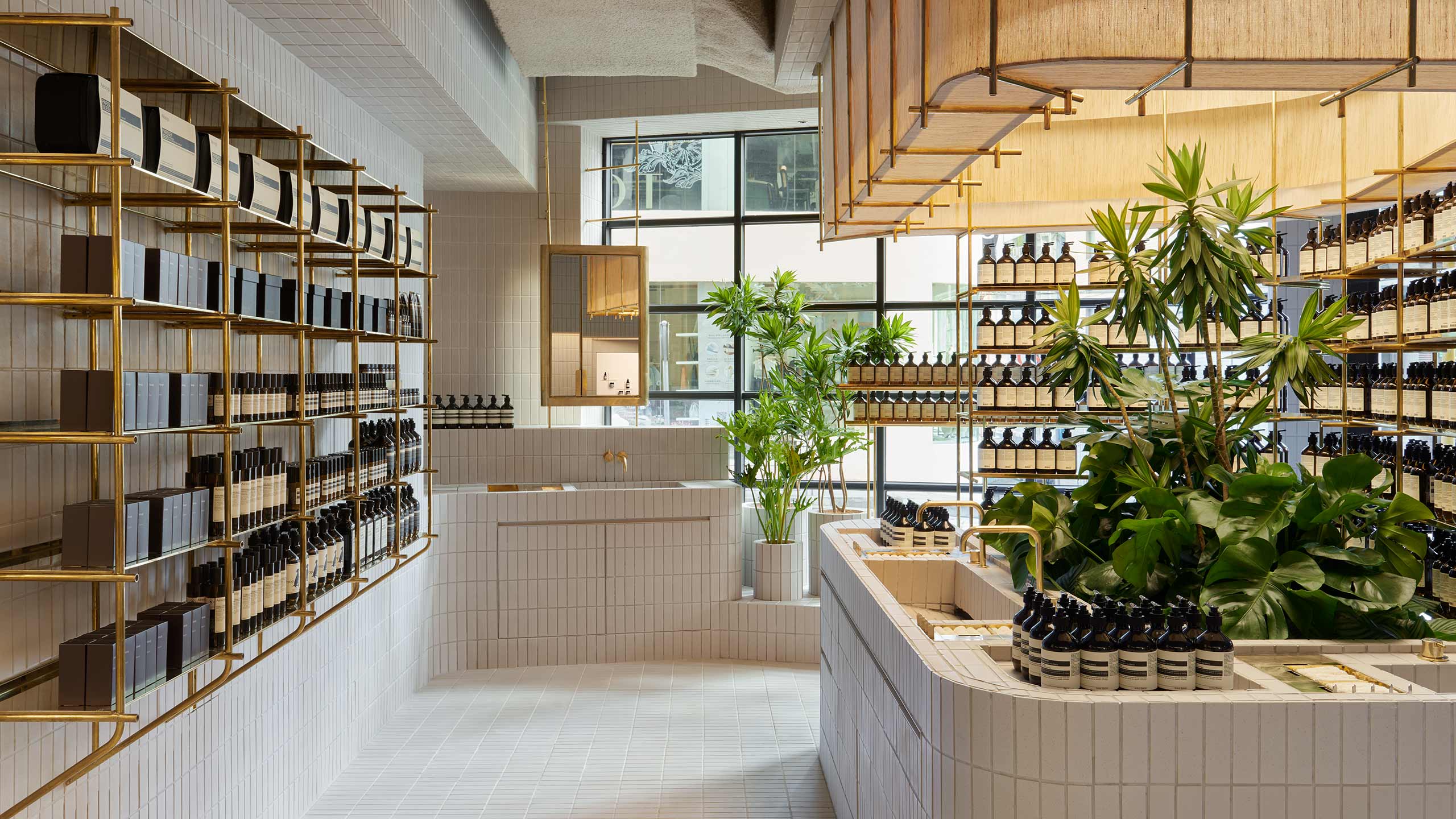 Aesop Hollywood Road store in white tiles interior and bamboo 